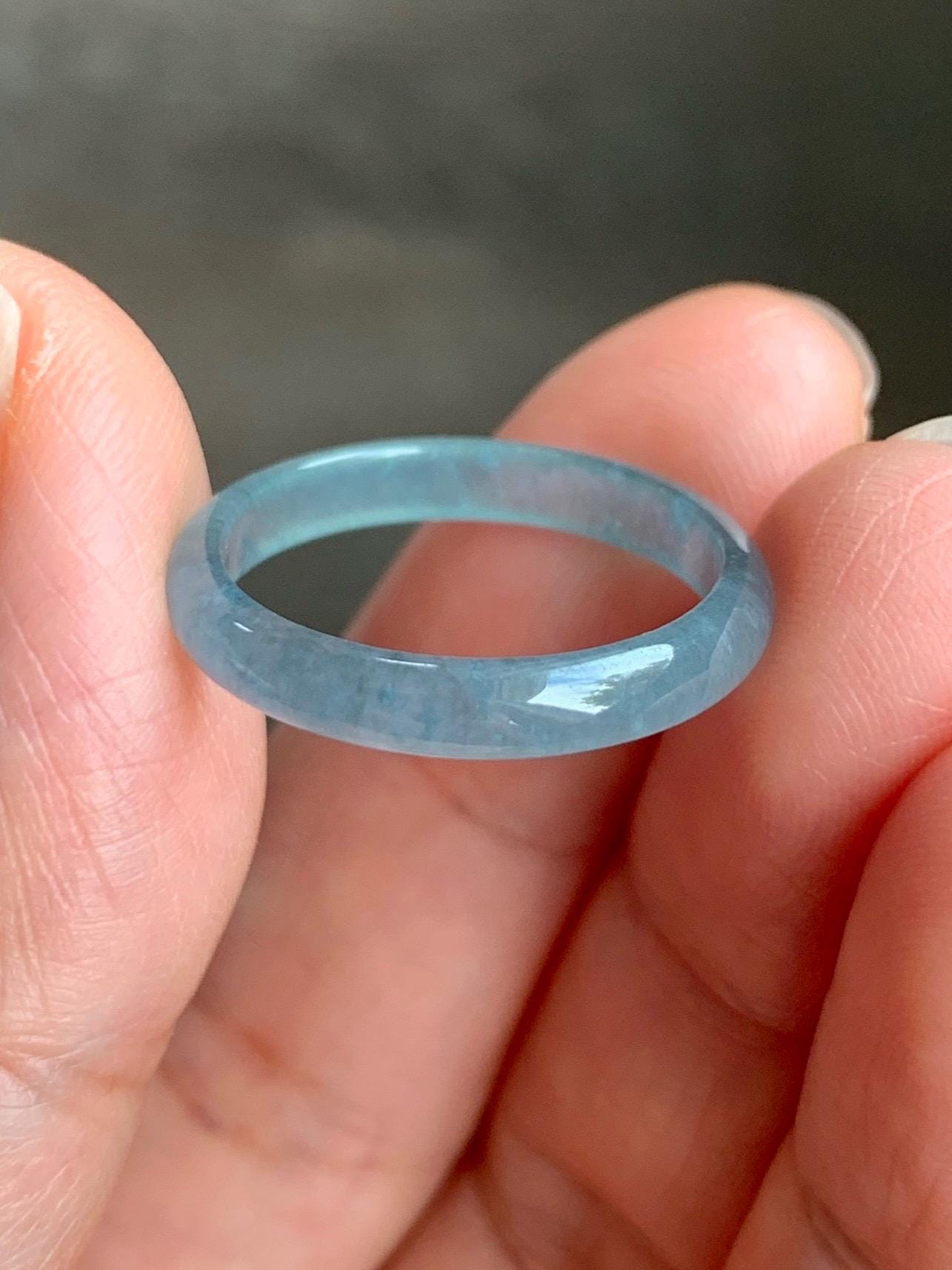 Natural Grade A Guatemalan Icy Highly Translucent Gelatinous Pastel Blue & Blue Marbled Jadeite Band Ring Size 7.75 天然冰危浅蓝起光飘蓝花翡翠戒圈 PLH68