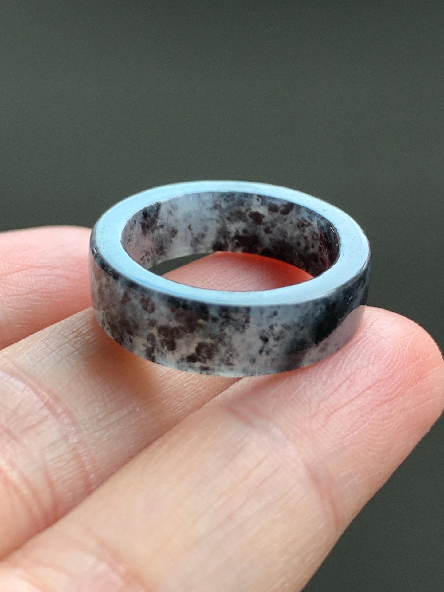 Natural Grade A Icy Highly Translucent Gelatinous Dark Wuji Marbled Jadeite Square Edged Band Ring Size 7.75 US 天然冰胶乌鸡翡翠方条戒圈 WJF240-A