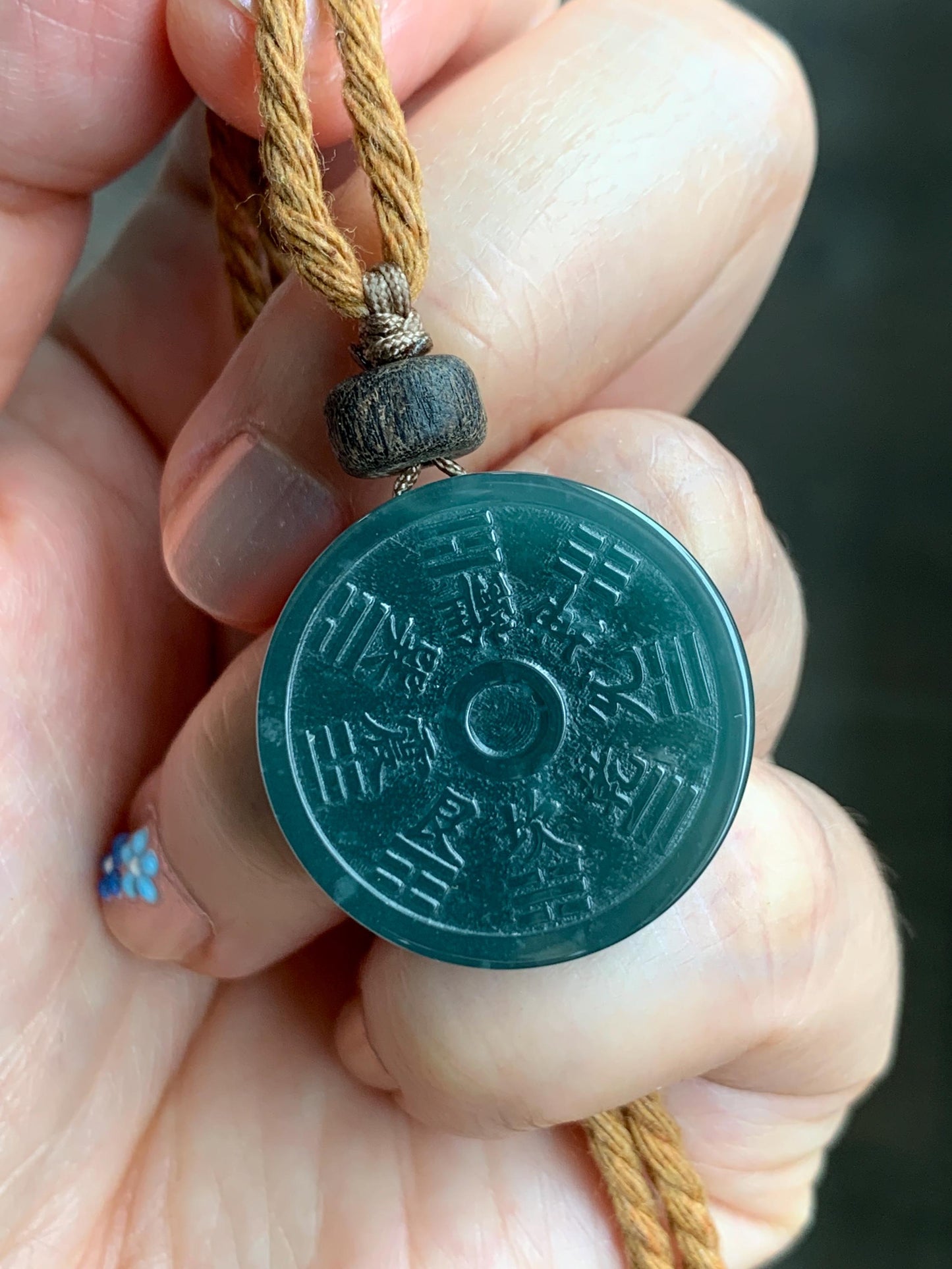 Natural Guatemalan Icy Translucent Dark Teal Green Jade Jadeite Mountain Ghost Eight Trigrams Coin Pendant Rope Necklace 天然冰危蓝绿翡翠精工山鬼币吊坠 SGC