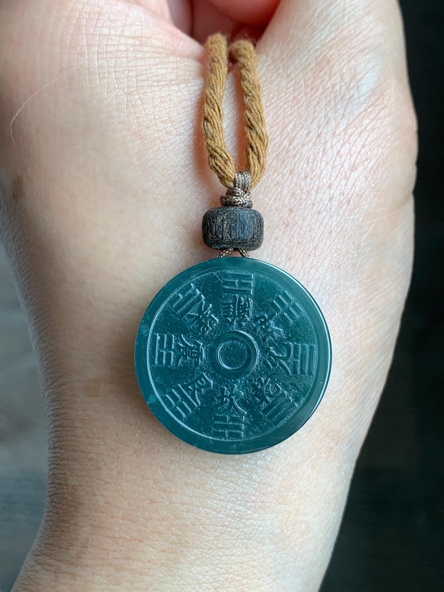 Natural Guatemalan Icy Translucent Dark Teal Green Jade Jadeite Mountain Ghost Eight Trigrams Coin Pendant Rope Necklace 天然冰危蓝绿翡翠精工山鬼币吊坠 SGC