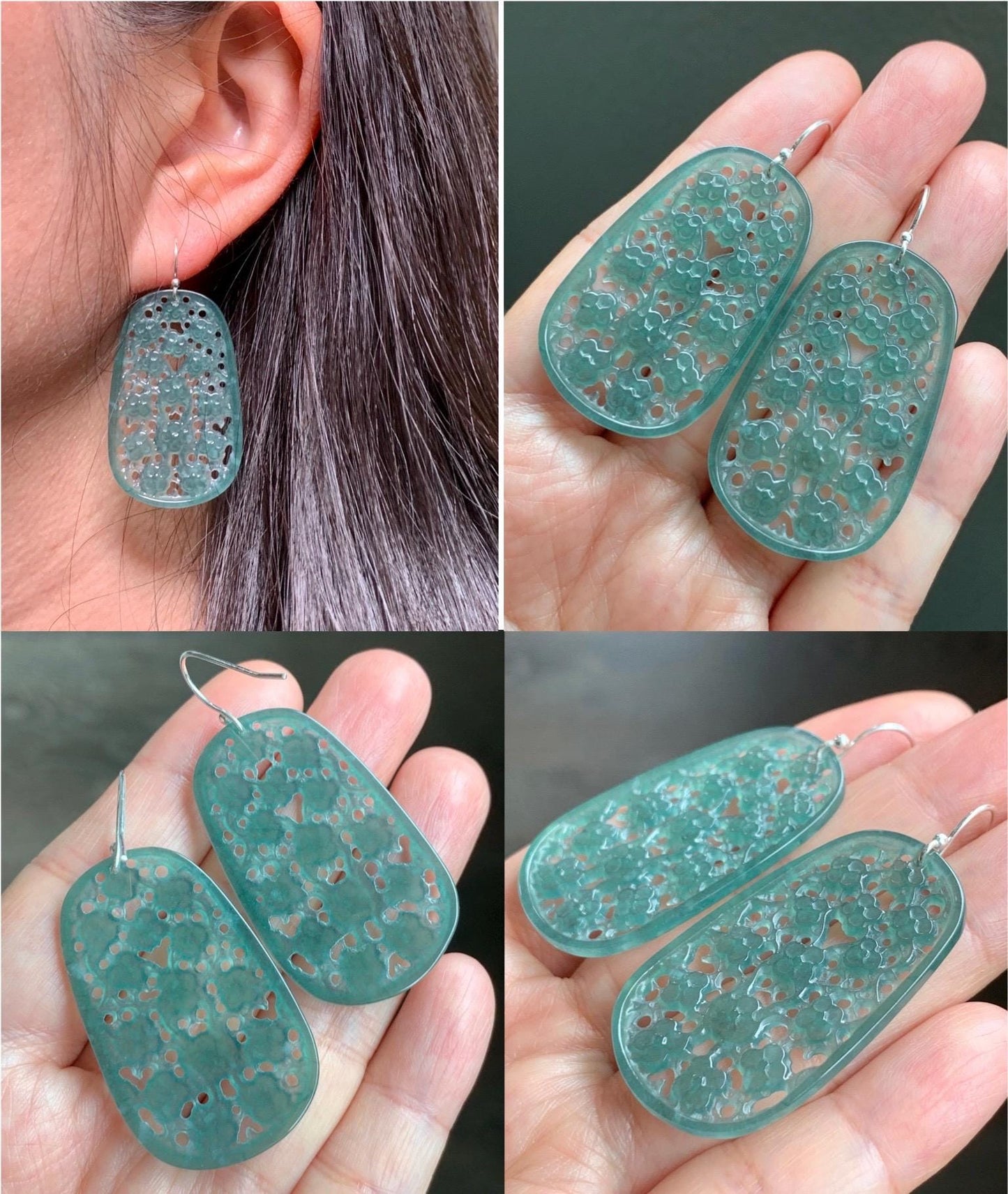 Natural Guatemalan Icy Translucent Teal Green Jadeite Engraved Cherry Blossom Dangle Earrings Sterling Silver 天然冰危蓝绿起光翡翠梅花镂空雕银耳钩耳吊 LKD-O
