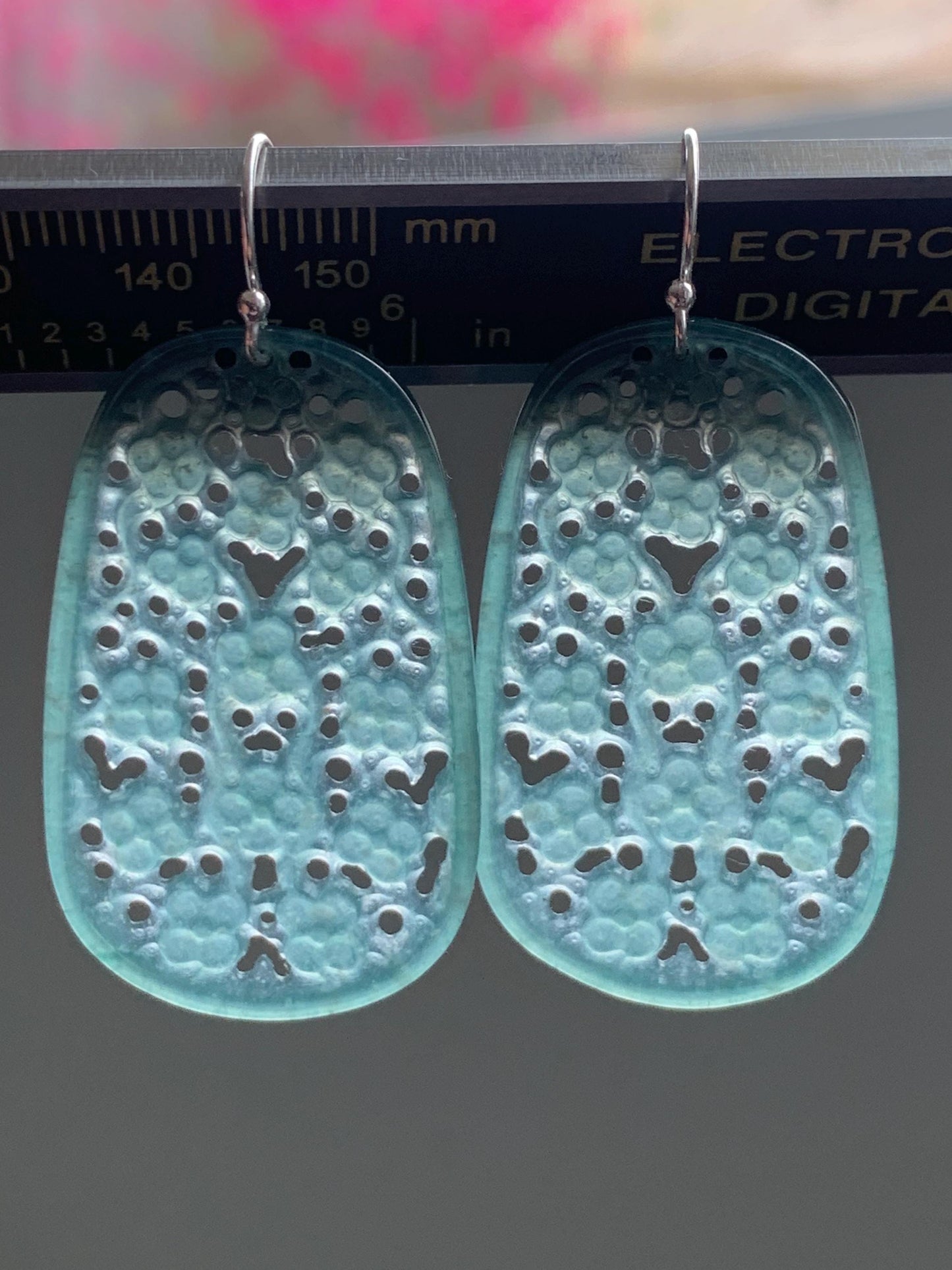 Natural Guatemalan Icy Translucent Teal Green Jadeite Engraved Cherry Blossom Dangle Earrings Sterling Silver 天然冰危蓝绿起光翡翠梅花镂空雕银耳钩耳吊 LKD-O