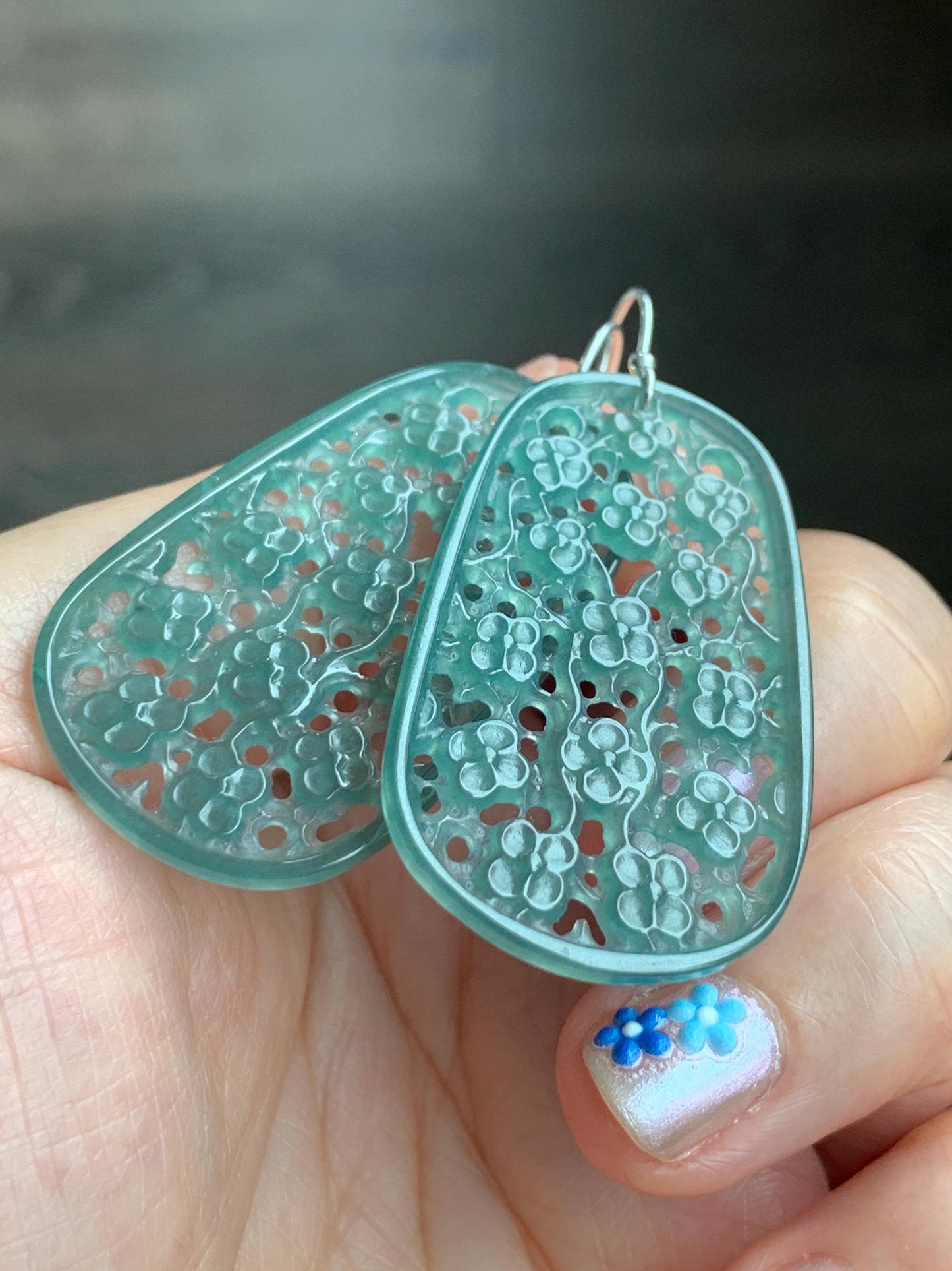 Natural Guatemalan Icy Translucent Teal Green Jadeite Engraved Cherry Blossom Dangle Earrings Sterling Silver 天然冰危蓝绿起光翡翠梅花镂空雕银耳钩耳吊 LKD-O