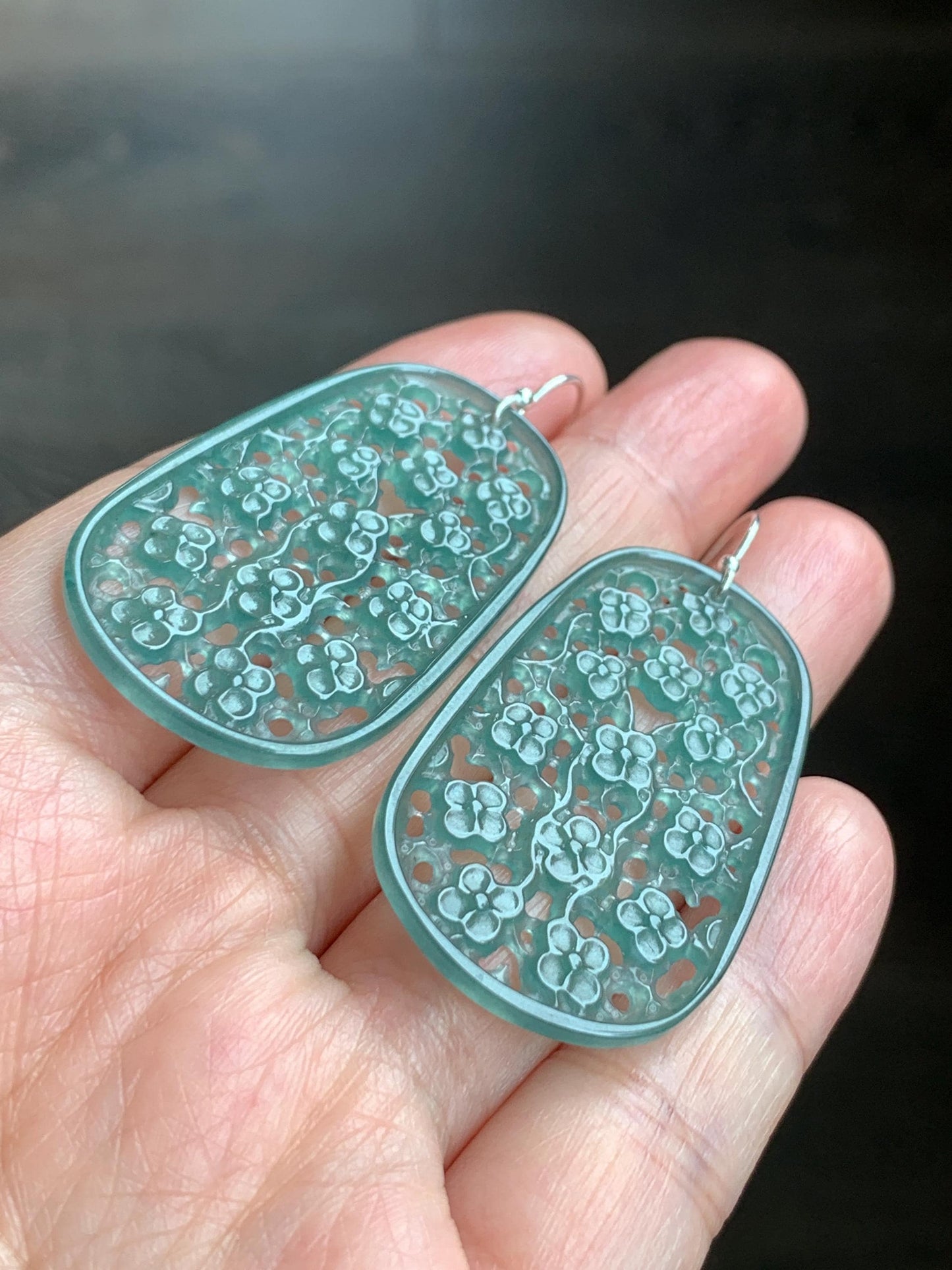 Natural Guatemalan Icy Translucent Teal Green Jadeite Engraved Cherry Blossom Dangle Earrings Sterling Silver 天然冰危蓝绿起光翡翠梅花镂空雕银耳钩耳吊 LKD-O