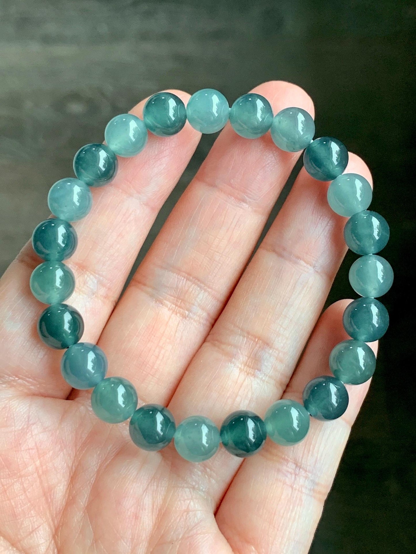 Natural Grade A Guatemalan Icy Highly Translucent Teal Blue Multicolored Jadeite Beaded Bracelet 7.9mm 6.5” 18g 天然老种冰危蓝水多宝翡翠手串 WDB250-B