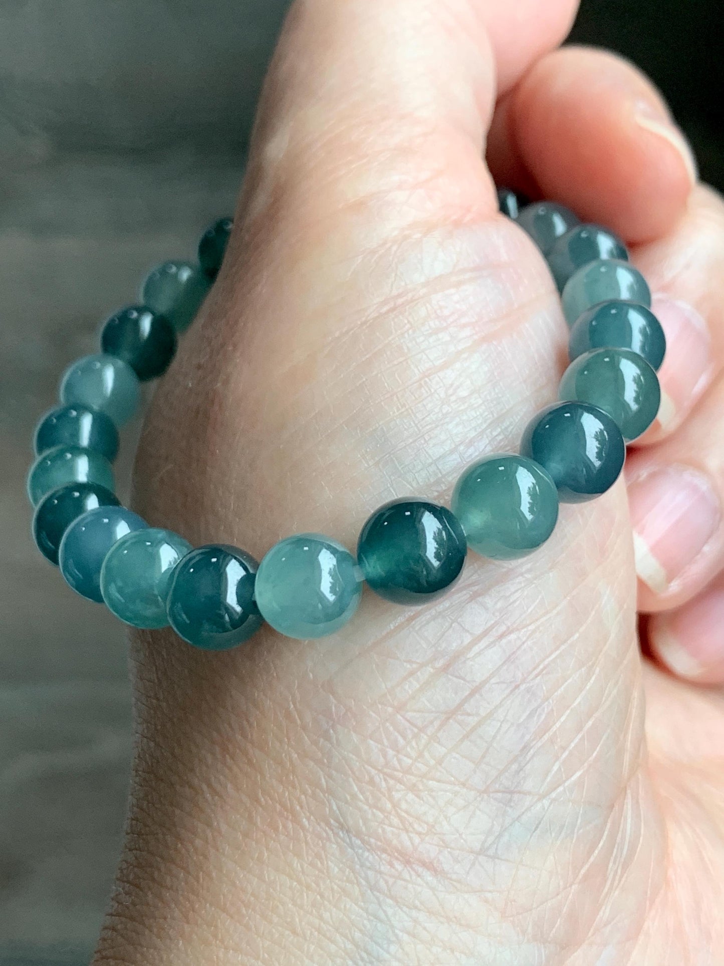 Natural Grade A Guatemalan Icy Highly Translucent Teal Blue Multicolored Jadeite Beaded Bracelet 7.9mm 6.5” 18g 天然老种冰危蓝水多宝翡翠手串 WDB250-B