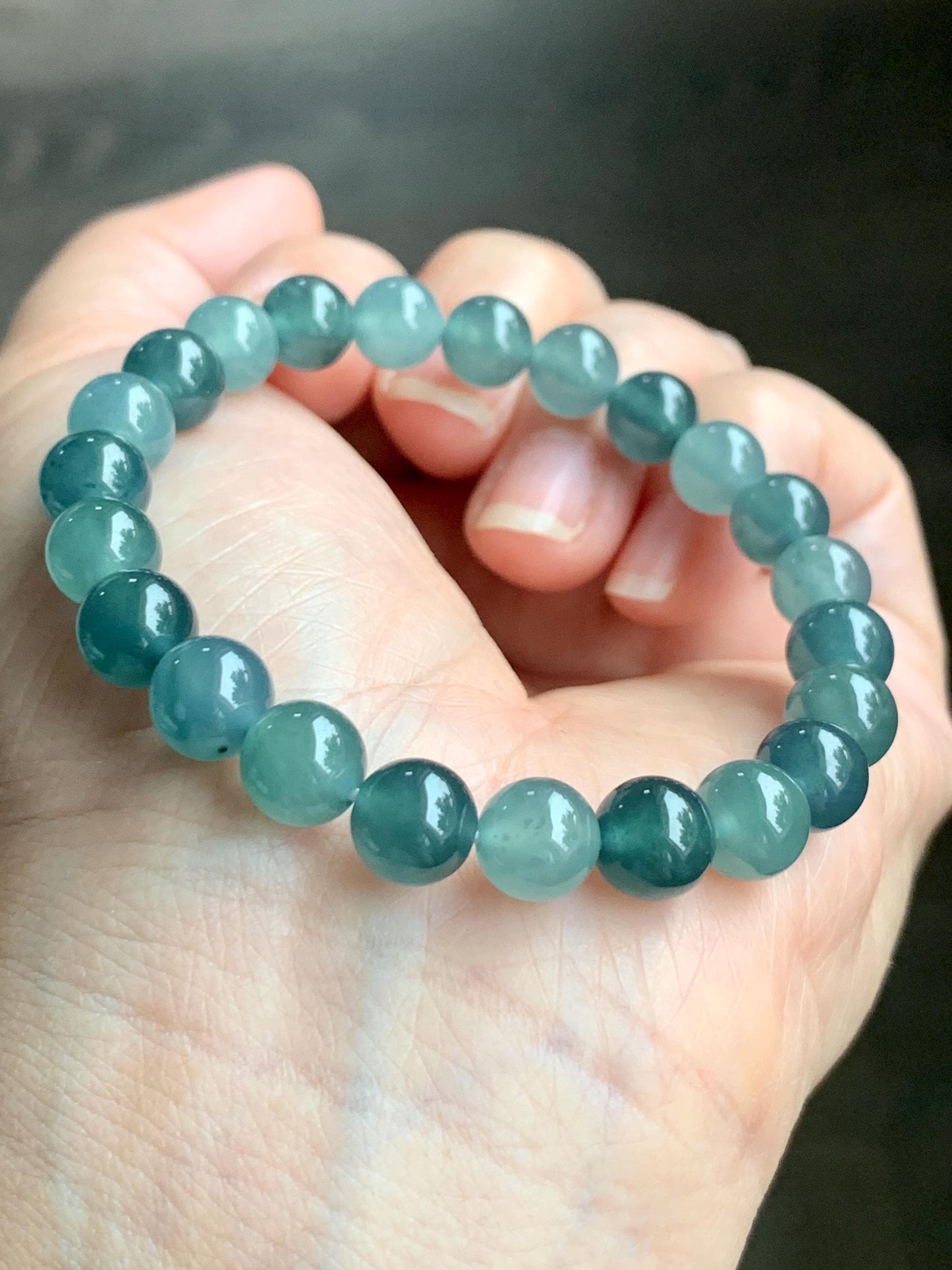 Natural Grade A Guatemalan Icy Highly Translucent Teal Blue Multicolored Jadeite Beaded Bracelet 7.9mm 6.5” 18g 天然老种冰危蓝水多宝翡翠手串 WDB250-B