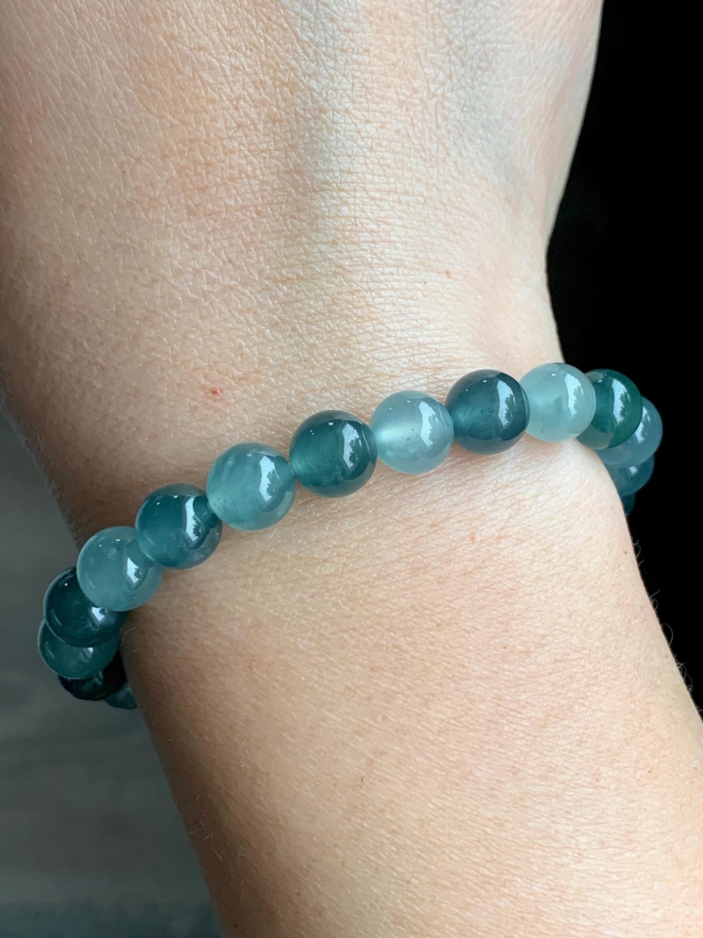 Natural Grade A Guatemalan Icy Highly Translucent Teal Blue Multicolored Jadeite Beaded Bracelet 7.8mm 6.5” 18g 天然老种冰危蓝水多宝翡翠手串 WDB250-A