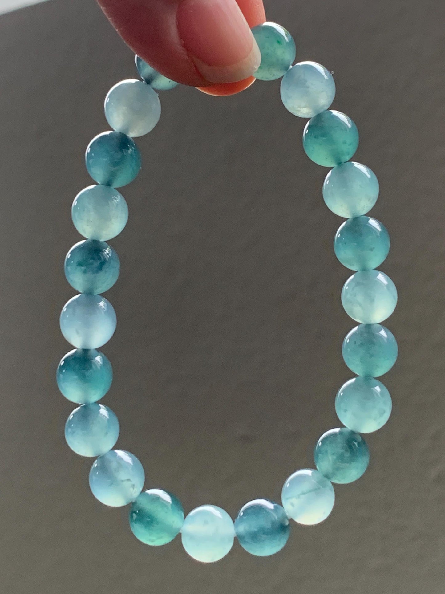 Natural Grade A Guatemalan Icy Highly Translucent Teal Blue Multicolored Jadeite Beaded Bracelet 7.8mm 6.5” 18g 天然老种冰危蓝水多宝翡翠手串 WDB250-A