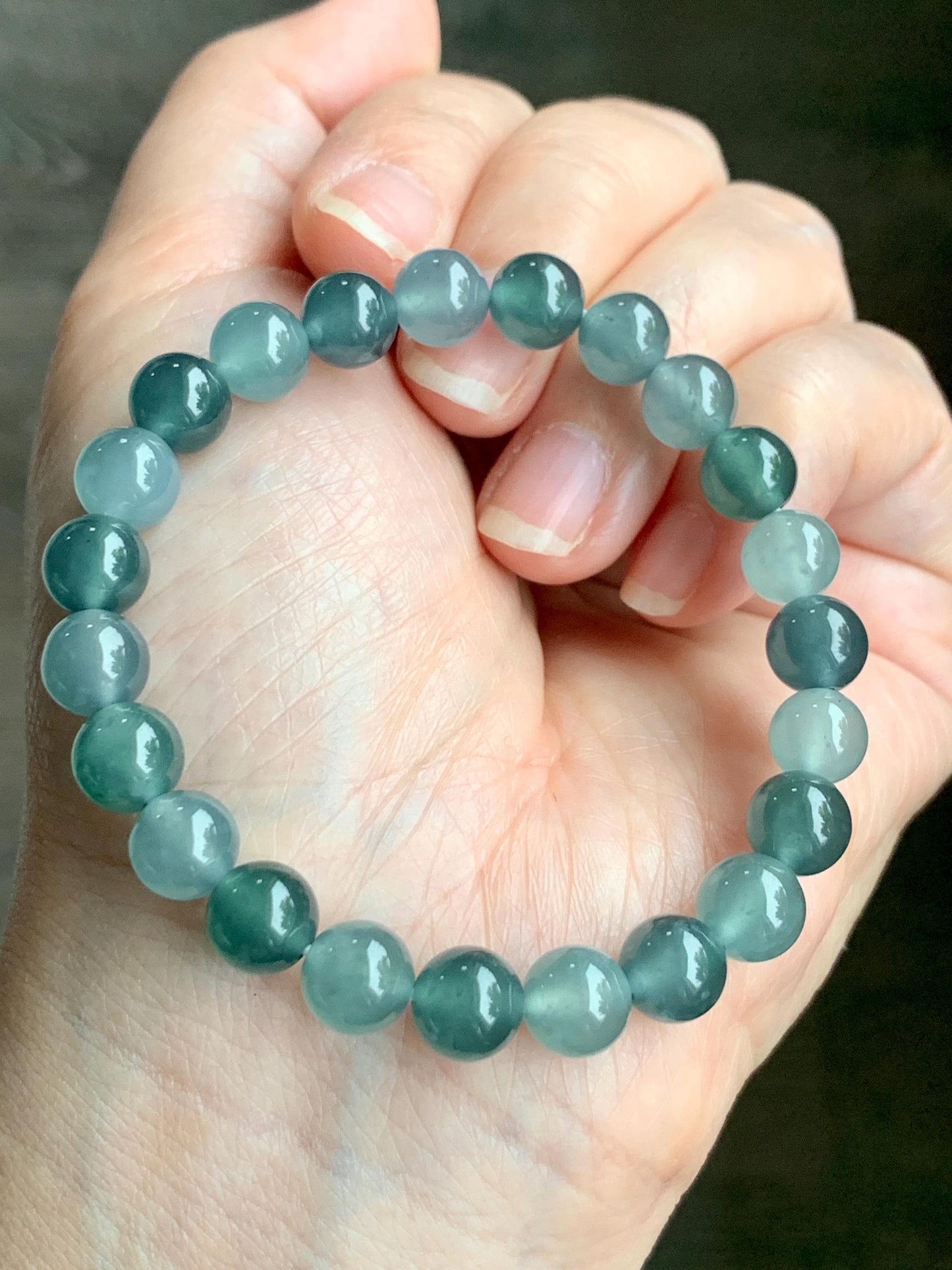 Natural Grade A Guatemalan Icy Highly Translucent Teal Blue Multicolored Jadeite Beaded Bracelet 7.8mm 6.5” 18g 天然老种冰危蓝水多宝翡翠手串 WDB250-A