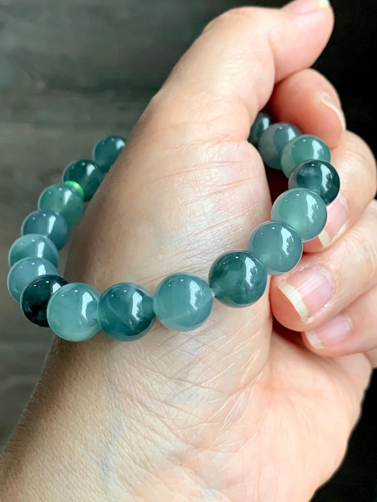 Natural Grade A Guatemalan Icy Highly Translucent Teal Blue Multicolored Jadeite Beaded Bracelet 10mm 7.25” 34g 天然老种冰危蓝水多宝翡翠手串 WDB360