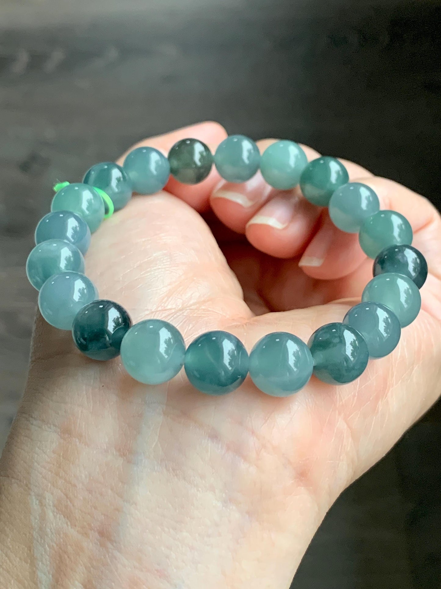 Natural Grade A Guatemalan Icy Highly Translucent Teal Blue Multicolored Jadeite Beaded Bracelet 10mm 7.25” 34g 天然老种冰危蓝水多宝翡翠手串 WDB360