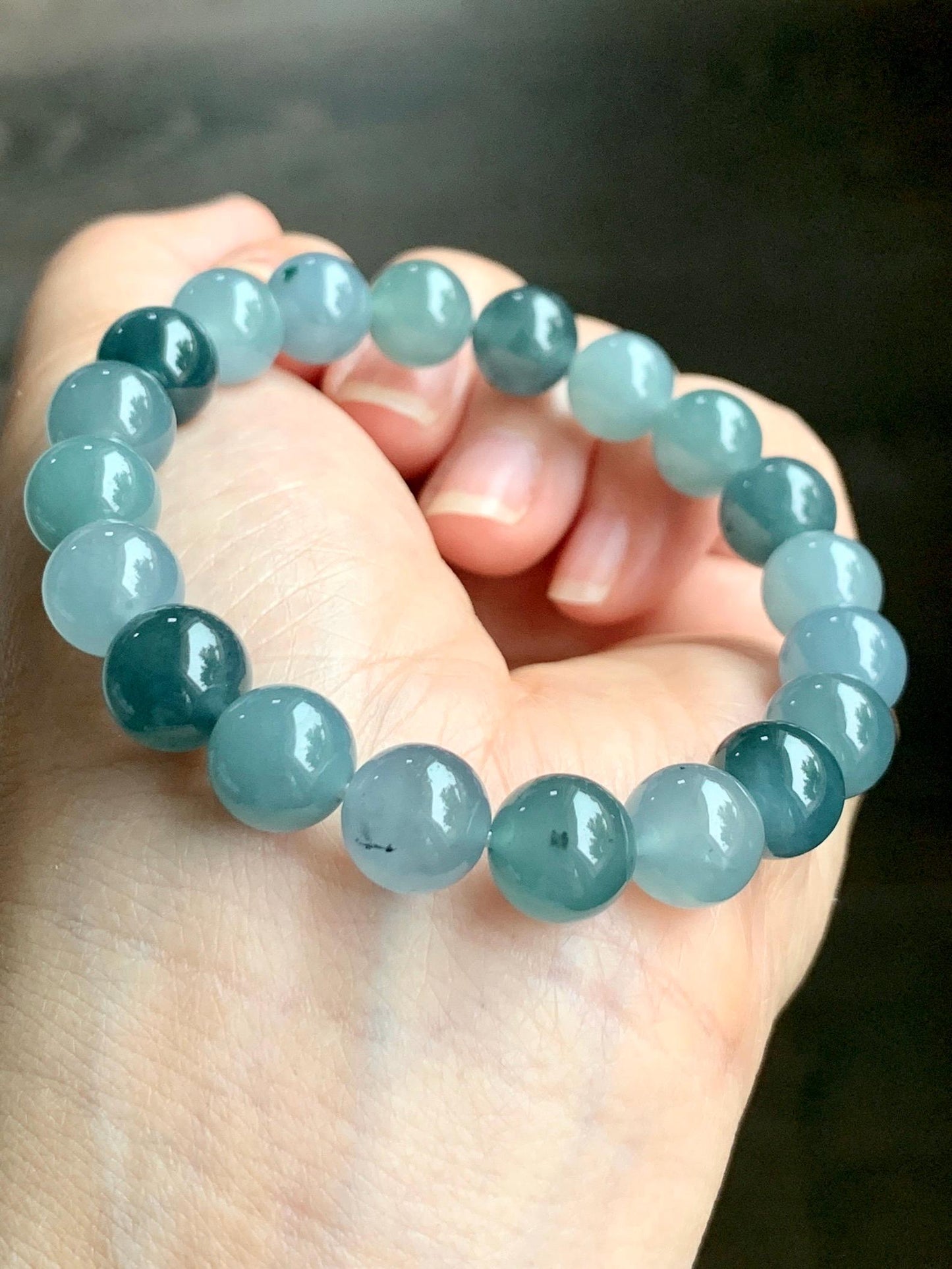 Natural Grade A Guatemalan Icy Highly Translucent Teal Blue Multicolored Jadeite Beaded Bracelet 9.7mm 7” 32g 天然老种冰危蓝水多宝翡翠手串 WDB330