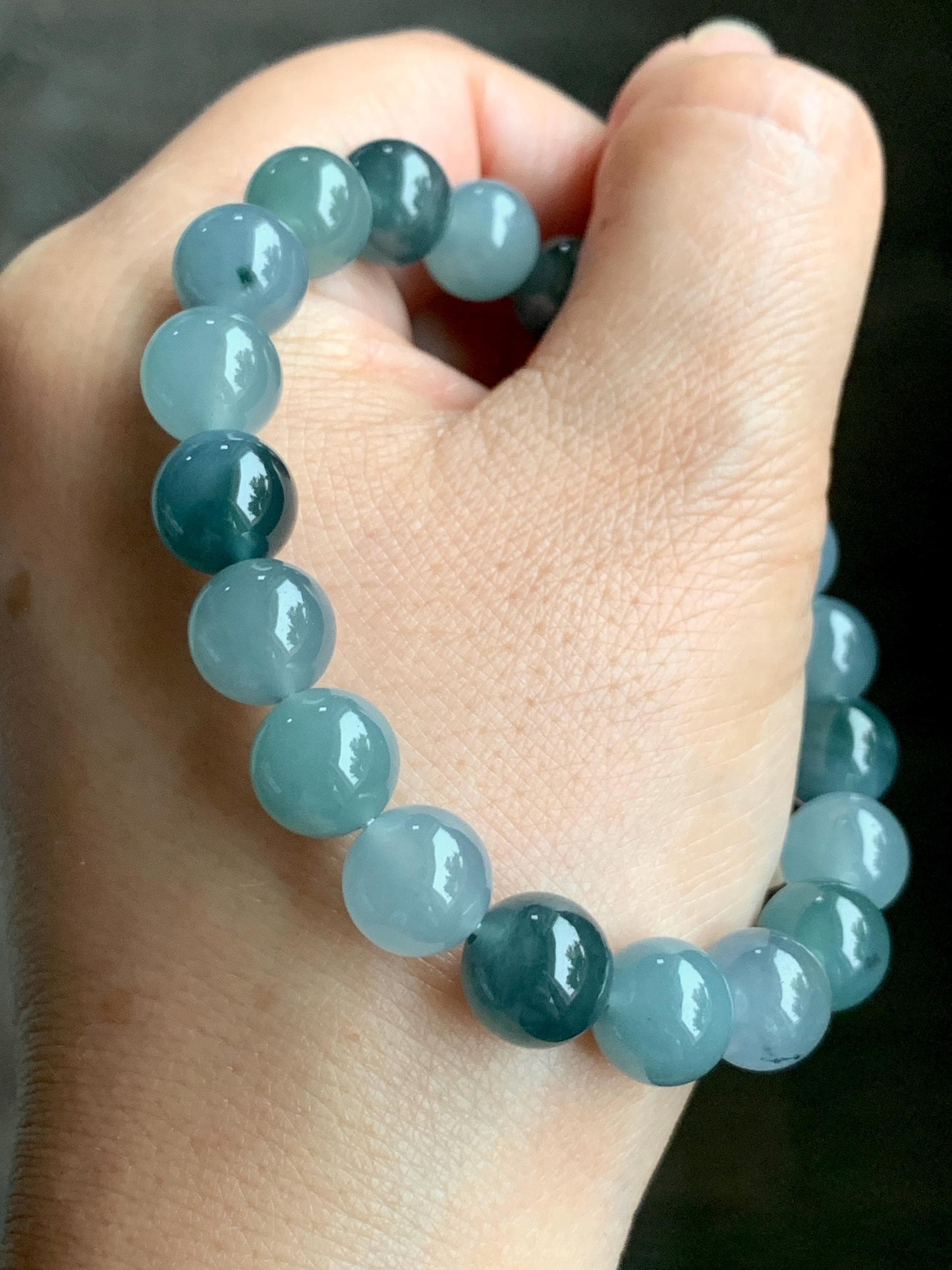 Natural Grade A Guatemalan Icy Highly Translucent Teal Blue Multicolored Jadeite Beaded Bracelet 9.7mm 7” 32g 天然老种冰危蓝水多宝翡翠手串 WDB330