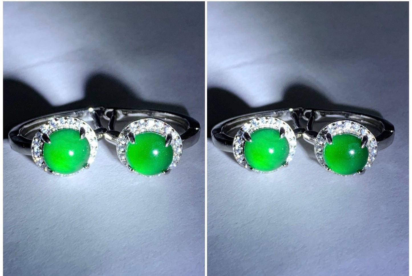 Natural Grade A Guatemalan Icy Translucent Vibrant Green Jade Jadeite Halo Style Huggie Hoop Earrings Sterling Silver 天然冰危绿翡翠镶嵌耳包 LEB128