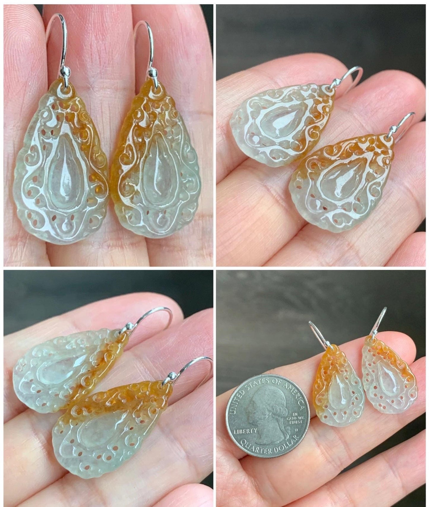 Certified Grade A Natural Icy Translucent Golden Marbled Openwork Engraved Jadeite Dangle Earrings Sterling Silver 天然起光冰黄翡翠镂空雕水滴银耳钩耳吊 9963