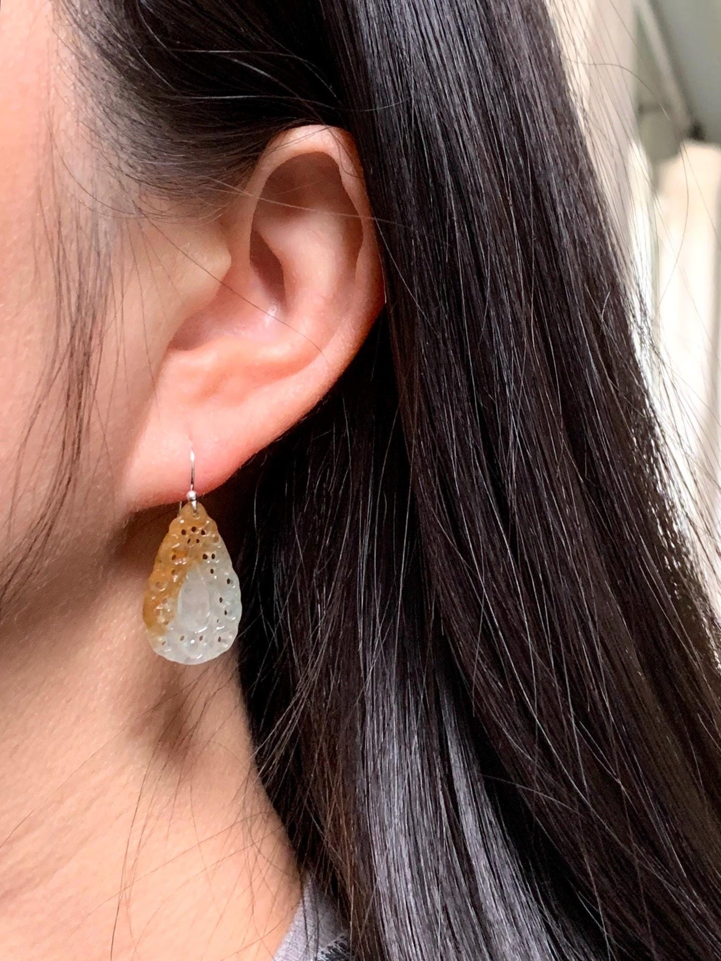 Certified Grade A Natural Icy Translucent Golden Marbled Openwork Engraved Jadeite Dangle Earrings Sterling Silver 天然起光冰黄翡翠镂空雕水滴银耳钩耳吊 9963