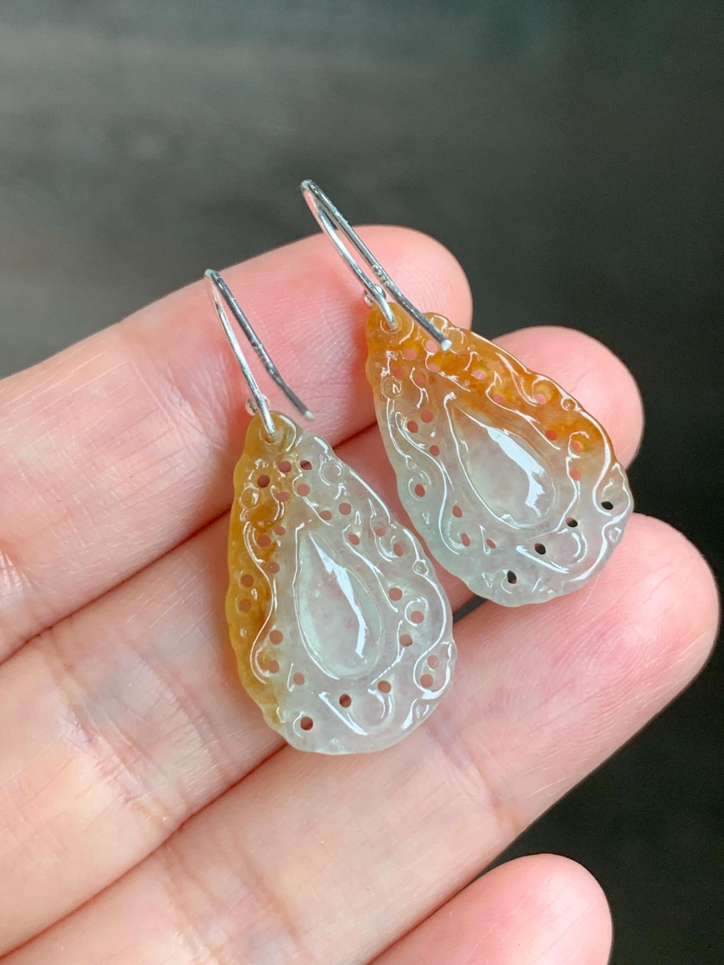 Certified Grade A Natural Icy Translucent Golden Marbled Openwork Engraved Jadeite Dangle Earrings Sterling Silver 天然起光冰黄翡翠镂空雕水滴银耳钩耳吊 9963
