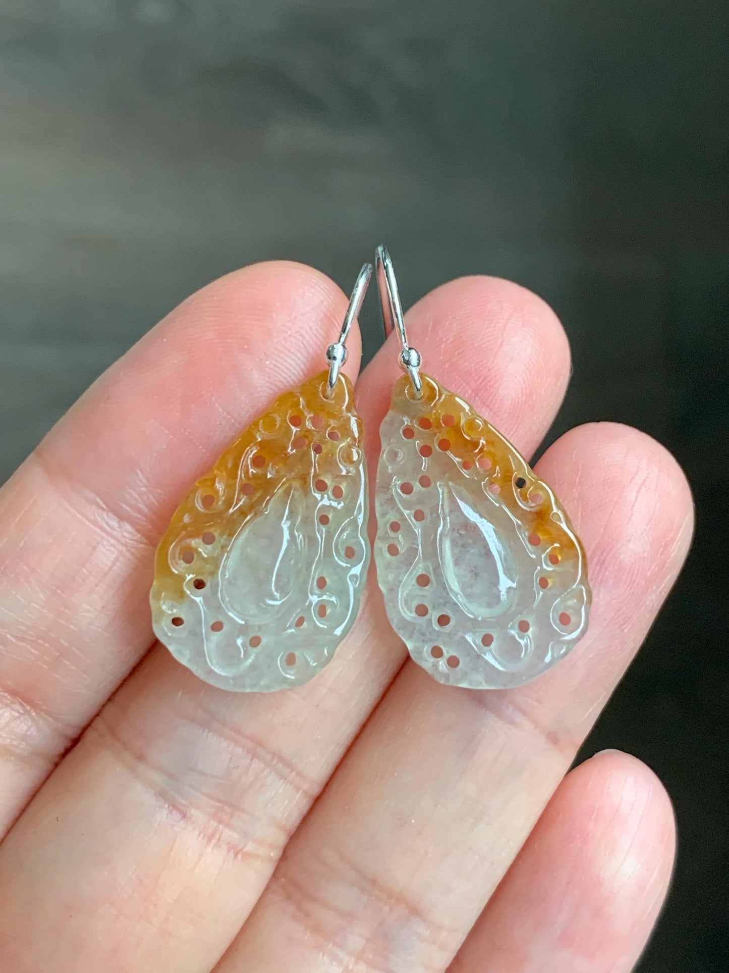Certified Grade A Natural Icy Translucent Golden Marbled Openwork Engraved Jadeite Dangle Earrings Sterling Silver 天然起光冰黄翡翠镂空雕水滴银耳钩耳吊 9963