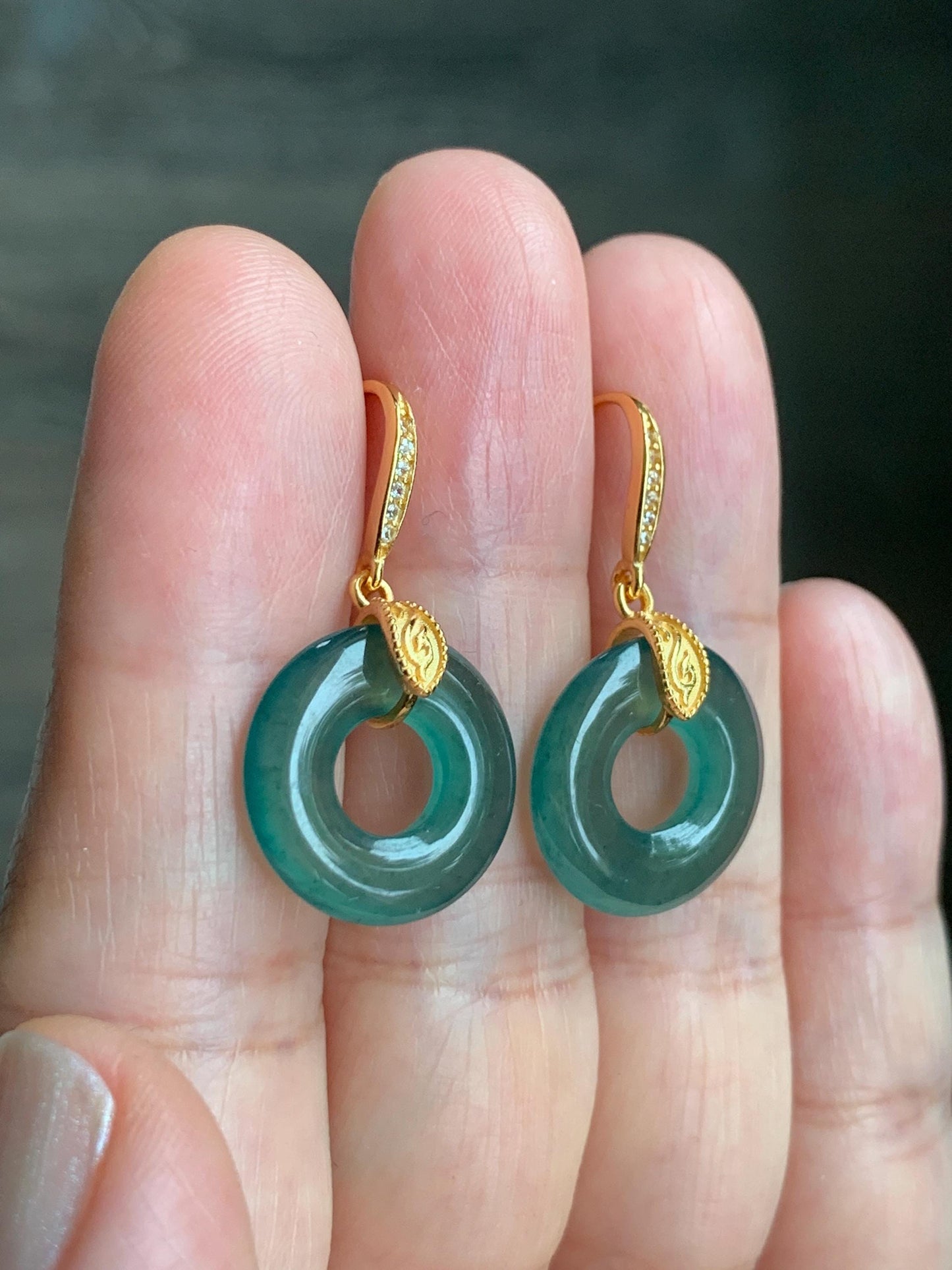 Natural Grade A Guatemalan Icy Translucent Teal Green Jade Jadeite Ping An Kou Donut Dangle Earrings Sterling Silver 天然冰危深蓝绿翡翠平安扣耳钩 LUYA