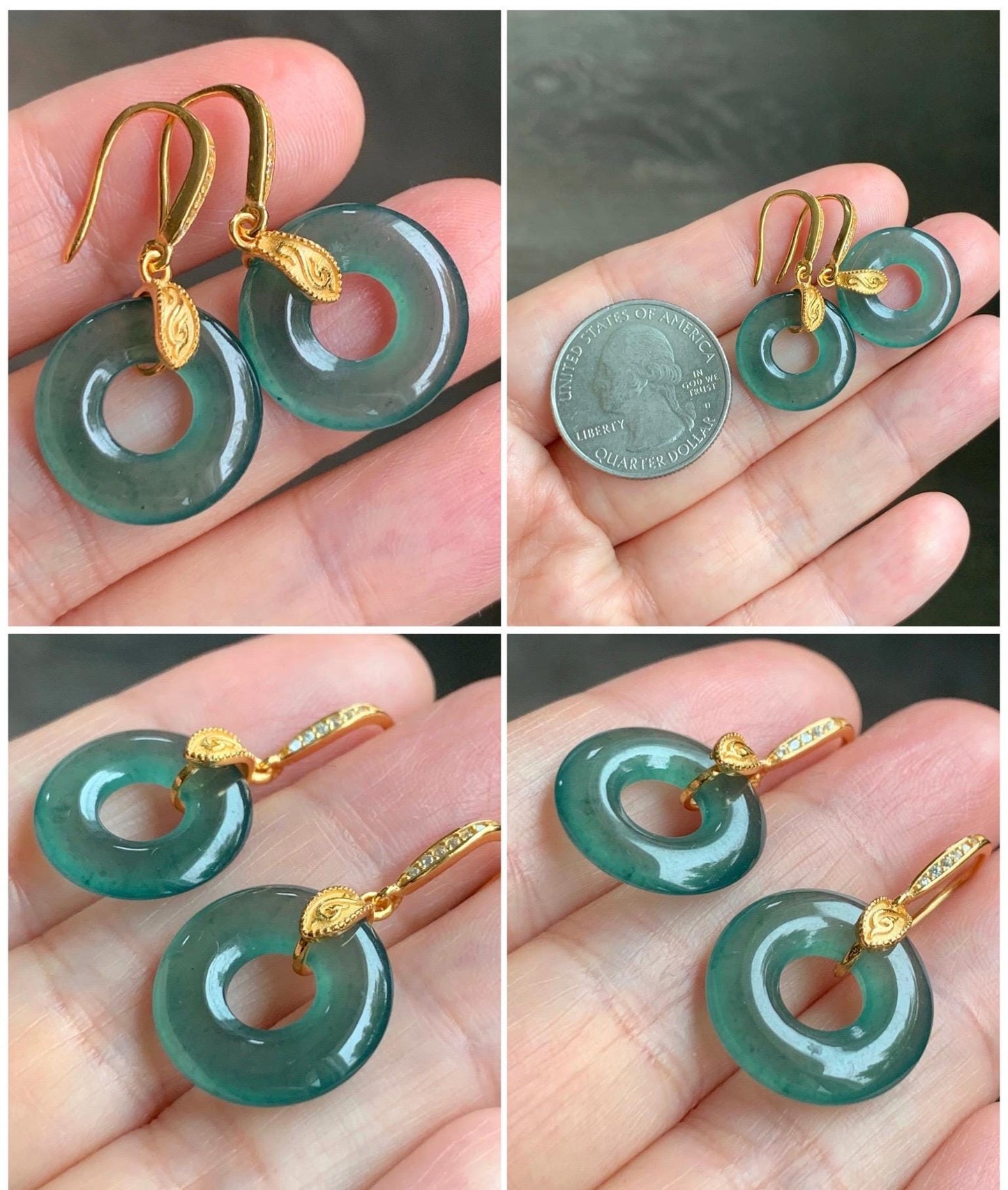 Natural Grade A Guatemalan Icy Translucent Teal Green Jade Jadeite Ping An Kou Donut Dangle Earrings Sterling Silver 天然冰危深蓝绿翡翠平安扣耳钩 LUYA