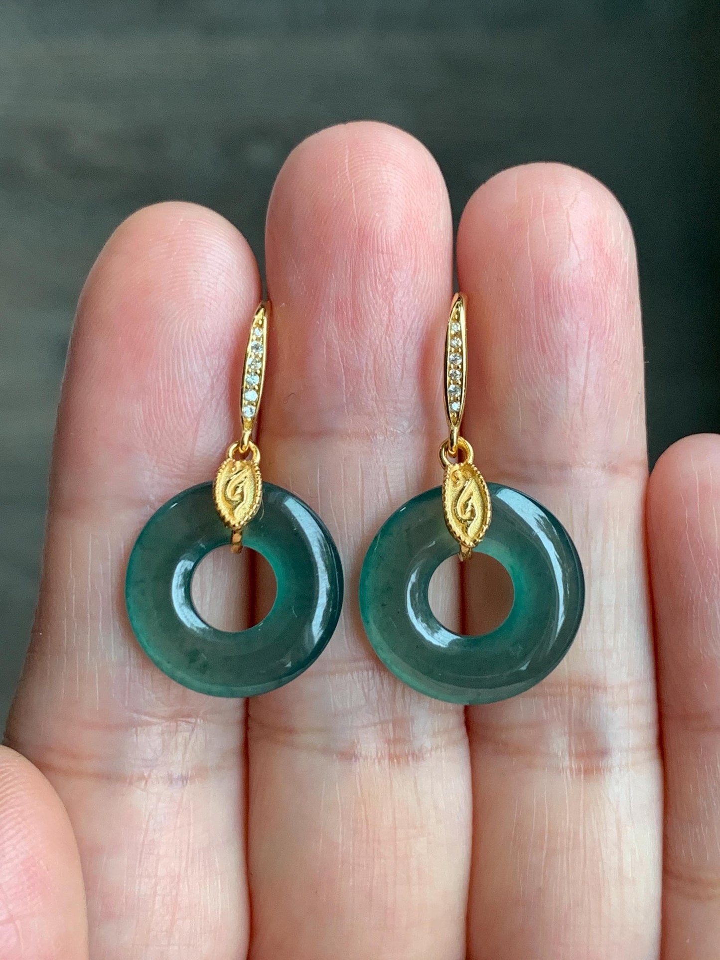 Natural Grade A Guatemalan Icy Translucent Teal Green Jade Jadeite Ping An Kou Donut Dangle Earrings Sterling Silver 天然冰危深蓝绿翡翠平安扣耳钩 LUYA