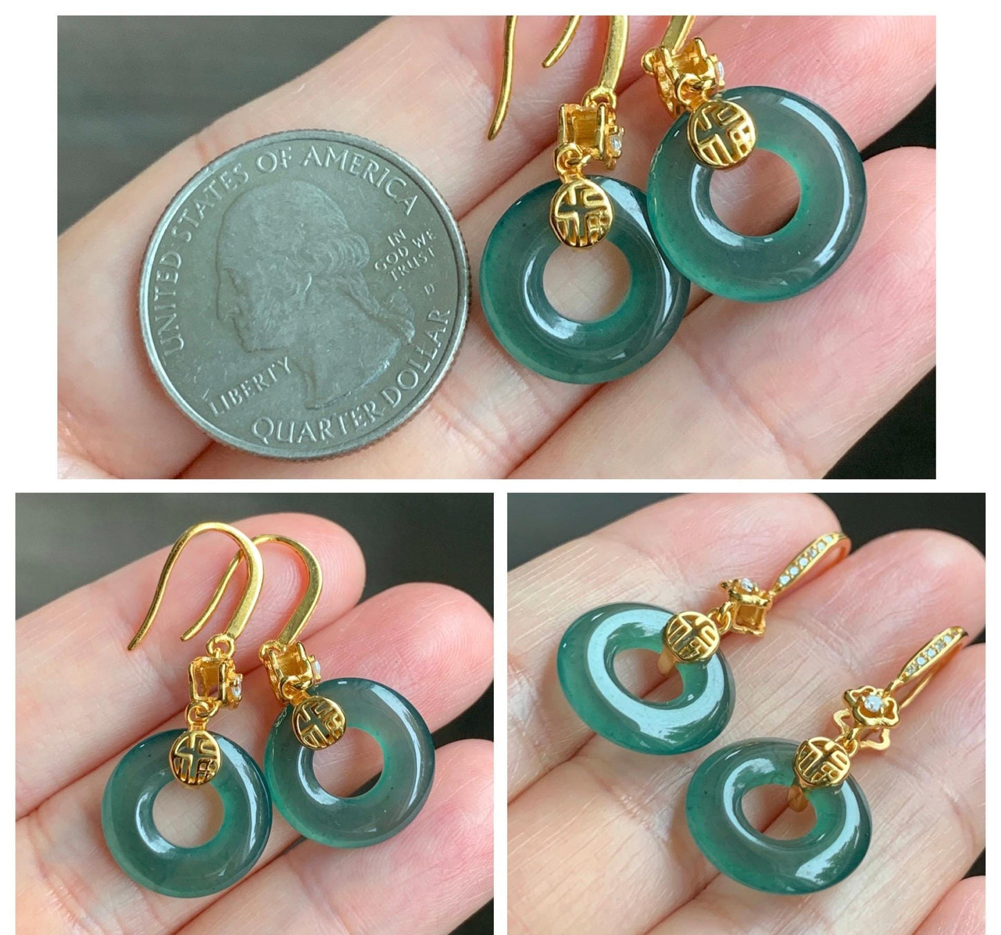 Natural Grade A Guatemalan Icy Translucent Teal Green Jade Jadeite Ping An Kou Donut Dangle Earrings Sterling Silver 天然冰危深蓝绿翡翠平安扣耳钩 LUYB