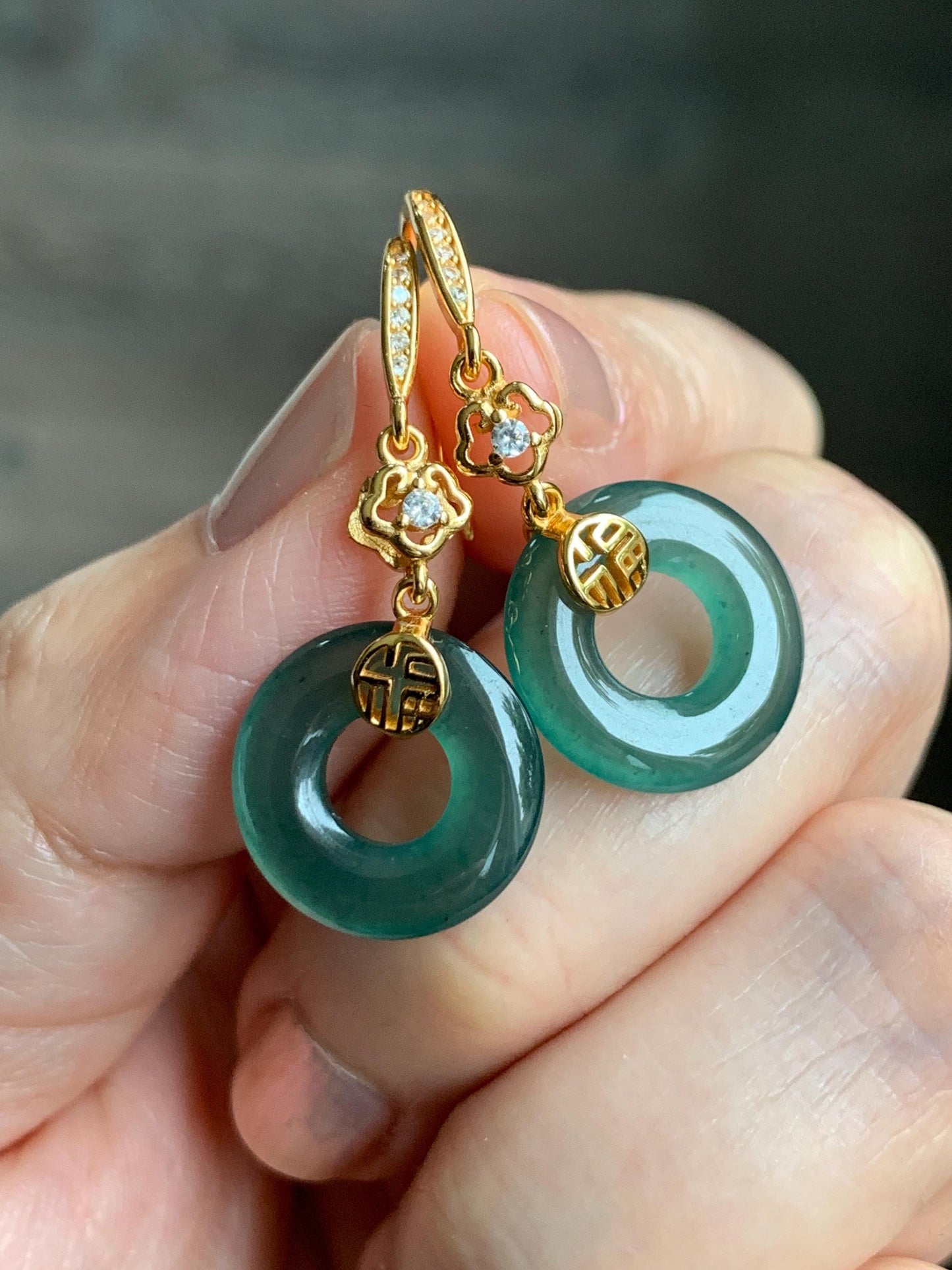 Natural Grade A Guatemalan Icy Translucent Teal Green Jade Jadeite Ping An Kou Donut Dangle Earrings Sterling Silver 天然冰危深蓝绿翡翠平安扣耳钩 LUYB