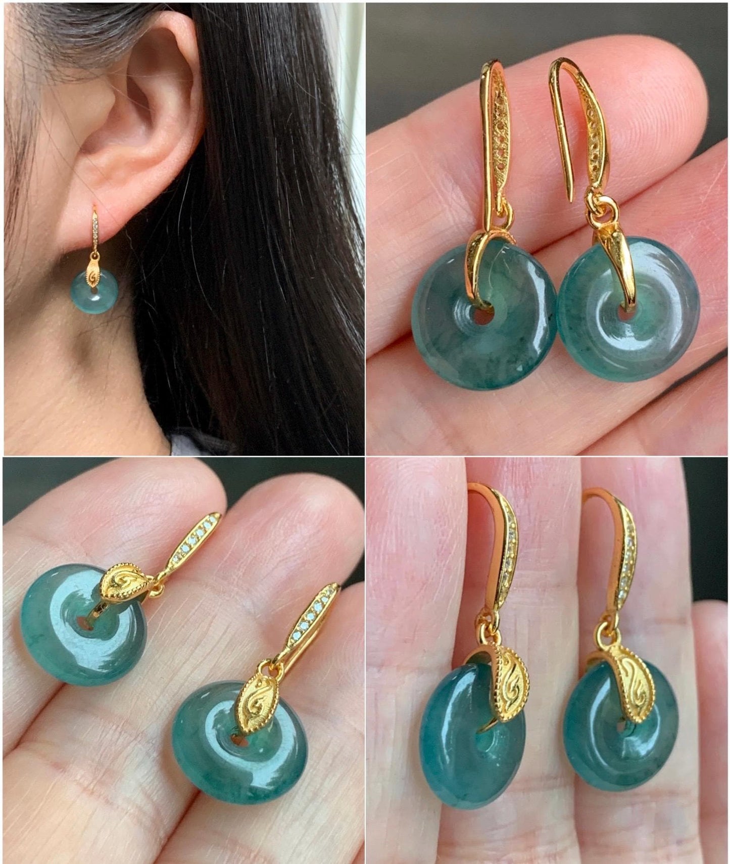 Natural Grade A Guatemalan Icy Translucent Teal Green Jade Jadeite Ping An Kou Donut Dangle Earrings Sterling Silver 天然冰危深蓝绿翡翠平安扣耳钩 LRK-B