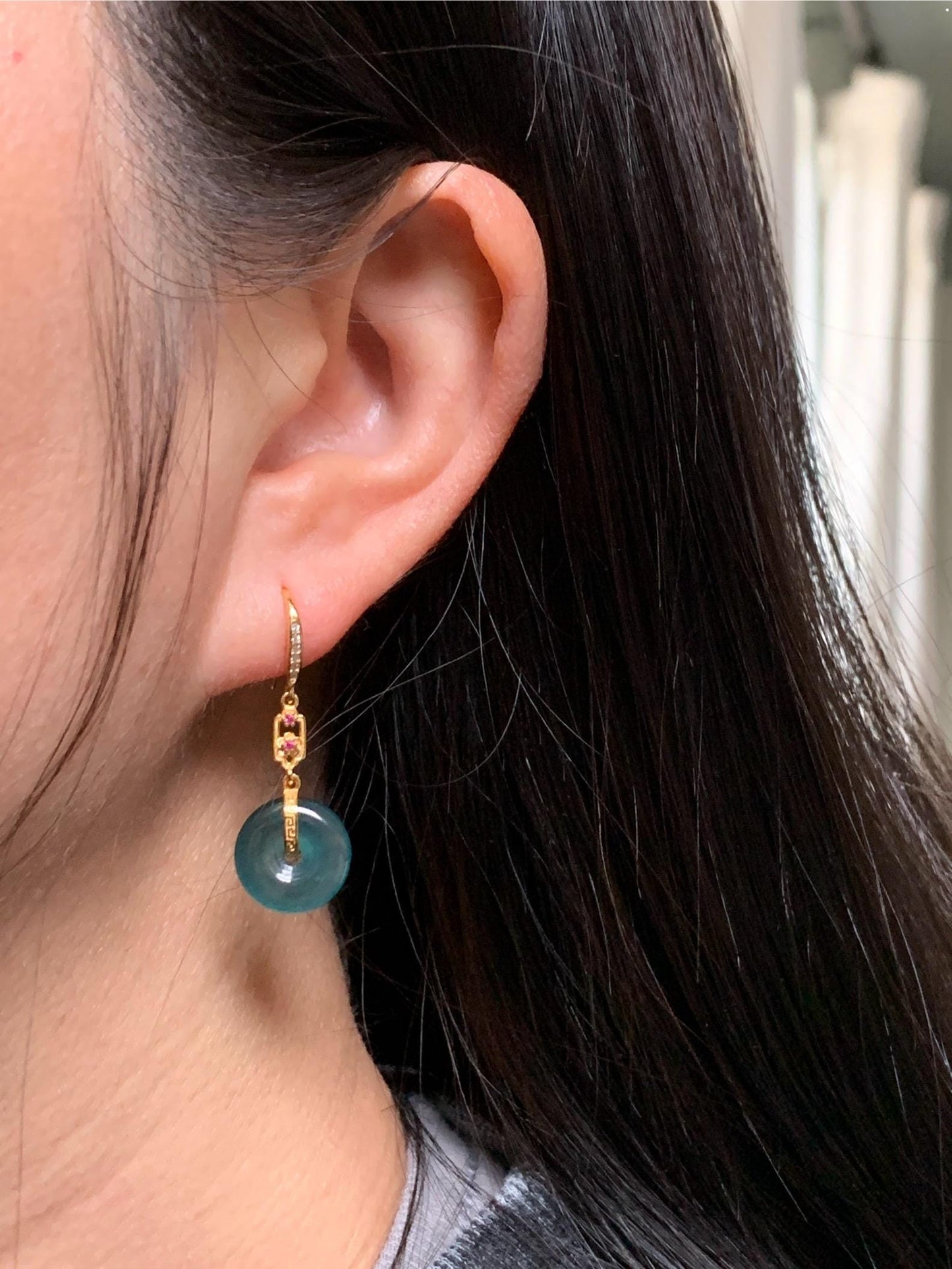 Natural Grade A Guatemalan Icy Translucent Teal Blue Jade Jadeite Ping An Kou Donut Dangle Earrings Sterling Silver 天然冰危深蓝翡翠平安扣耳钩 LRK-C