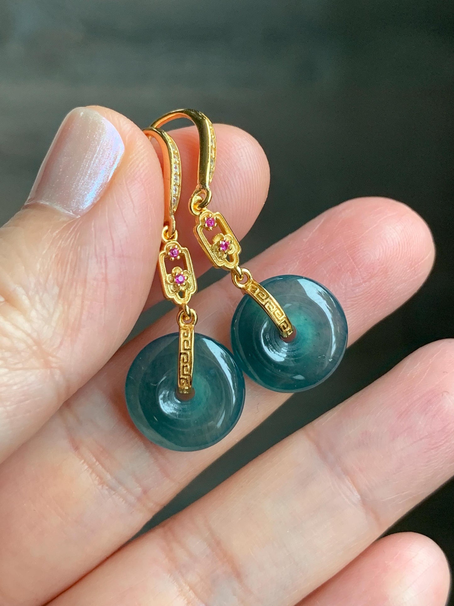 Natural Grade A Guatemalan Icy Translucent Teal Blue Jade Jadeite Ping An Kou Donut Dangle Earrings Sterling Silver 天然冰危深蓝翡翠平安扣耳钩 LRK-C