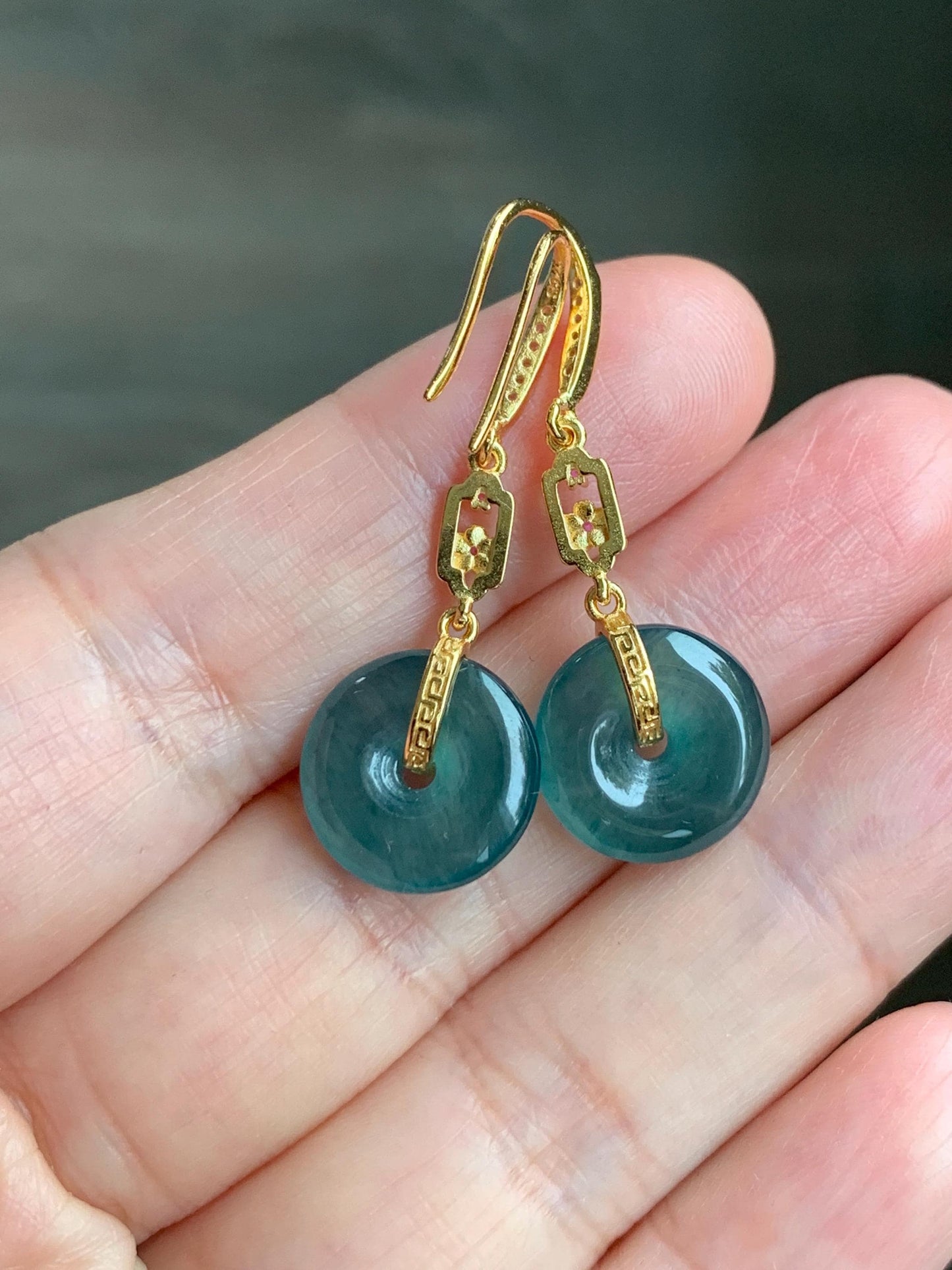Natural Grade A Guatemalan Icy Translucent Teal Blue Jade Jadeite Ping An Kou Donut Dangle Earrings Sterling Silver 天然冰危深蓝翡翠平安扣耳钩 LRK-C