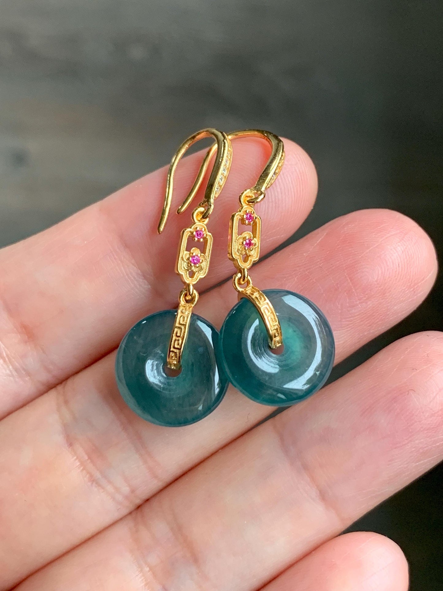 Natural Grade A Guatemalan Icy Translucent Teal Blue Jade Jadeite Ping An Kou Donut Dangle Earrings Sterling Silver 天然冰危深蓝翡翠平安扣耳钩 LRK-C