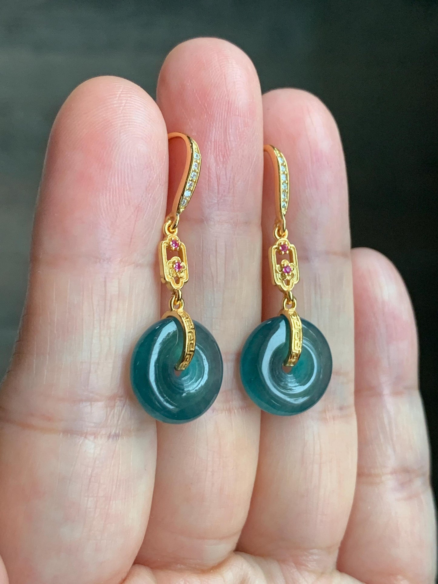 Natural Grade A Guatemalan Icy Translucent Teal Blue Jade Jadeite Ping An Kou Donut Dangle Earrings Sterling Silver 天然冰危深蓝翡翠平安扣耳钩 LRK-C