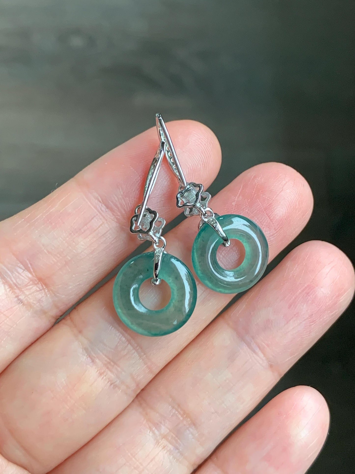 Natural Grade A Guatemalan Icy Translucent Teal Green Jade Jadeite Ping An Kou Donut Dangle Earrings Sterling Silver 天然冰危深蓝绿翡翠平安扣耳钩 LRK-D
