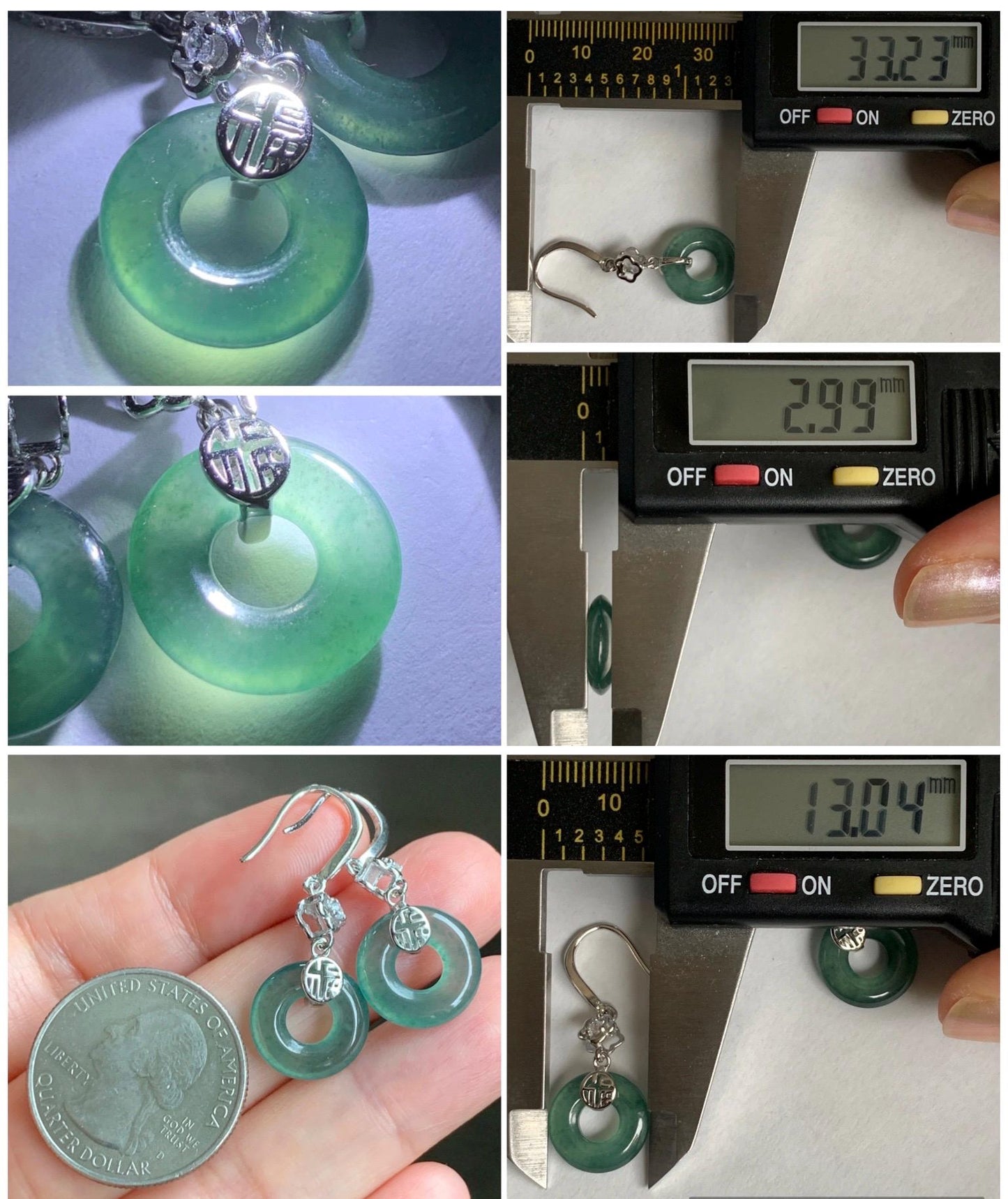 Natural Grade A Guatemalan Icy Translucent Teal Green Jade Jadeite Ping An Kou Donut Dangle Earrings Sterling Silver 天然冰危深蓝绿翡翠平安扣耳钩 LRK-D