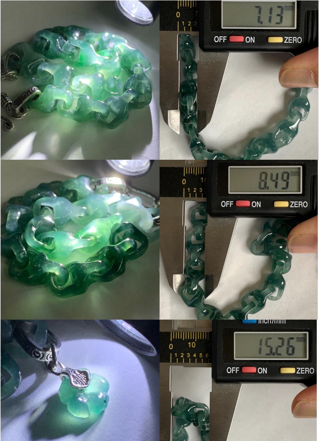 Certified Natural Guatemalan Icy Translucent Jadeite Carved Interlocking Dragon Bone Link Bracelet Sterling Silver 7.25” 天然冰胶危起光翡翠龙骨链手链 9959