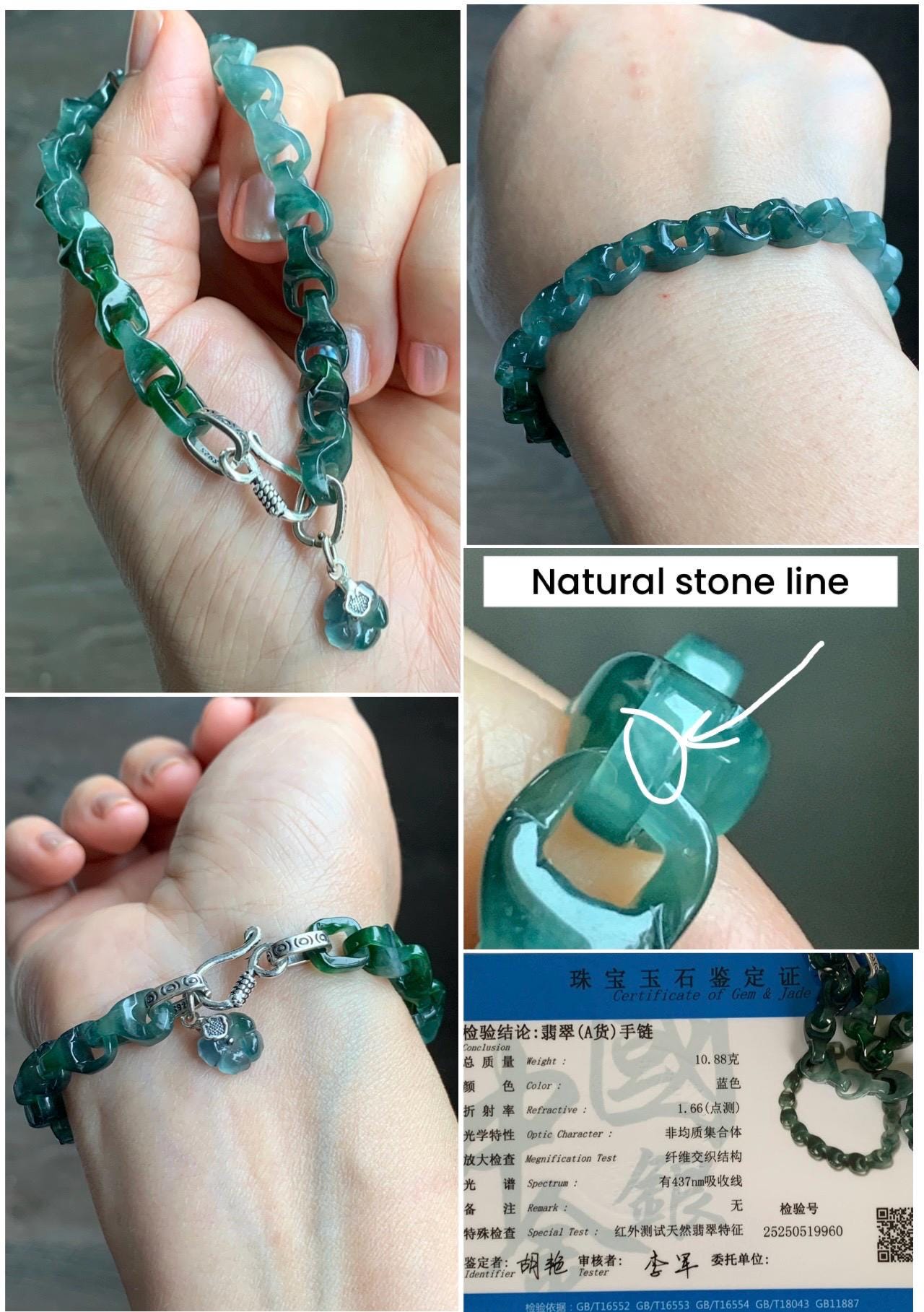 Certified Natural Guatemalan Icy Translucent Jadeite Carved Interlocking Dragon Bone Link Bracelet Sterling Silver 7.5” 天然冰胶危起光翡翠龙骨链手链 9960