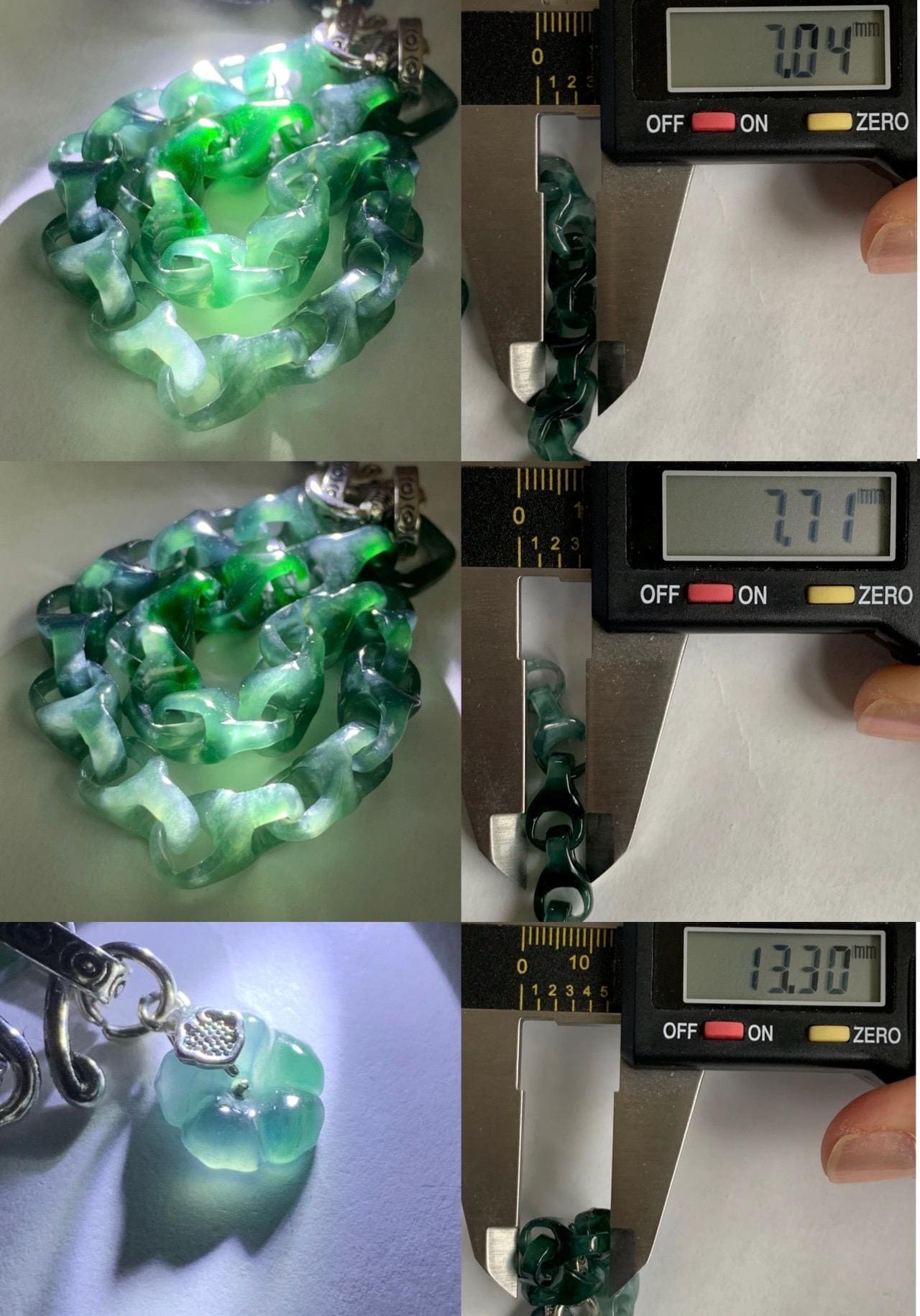 Certified Natural Guatemalan Icy Translucent Jadeite Carved Interlocking Dragon Bone Link Bracelet Sterling Silver 7.5” 天然冰胶危起光翡翠龙骨链手链 9960