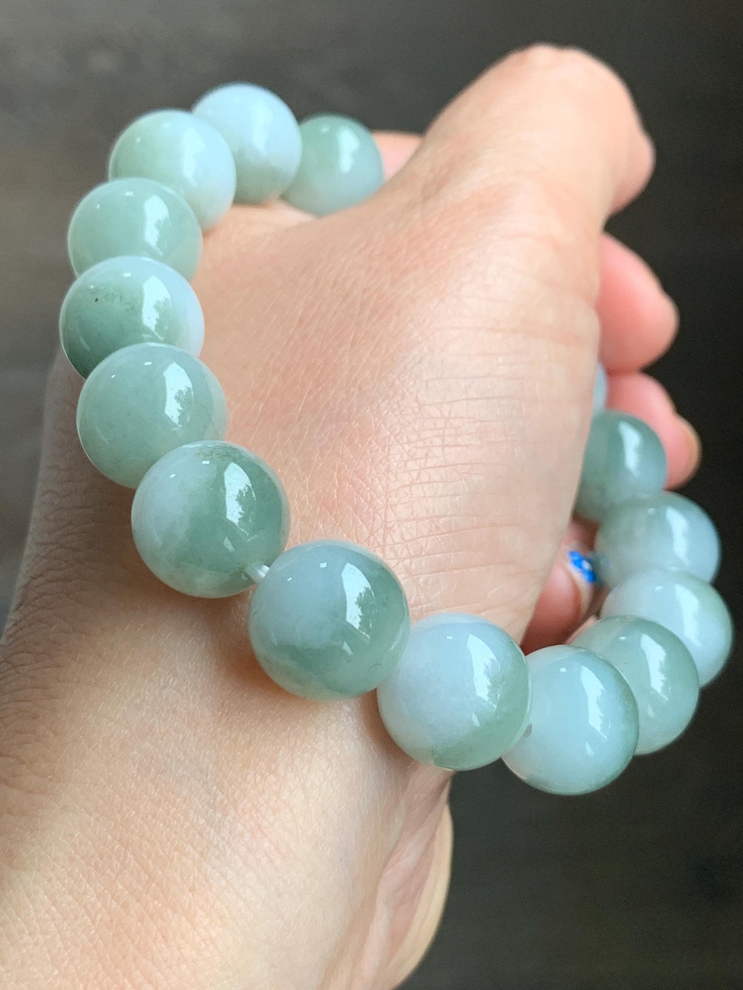 Large Natural Grade A Icy Translucent Bicolored Jadeite Round Beads Mala Beaded Bracelet Stretchy 12.8mm 8” 62g 天然冰白加淡橄榄绿鸳鸯翡翠手串 BSB300
