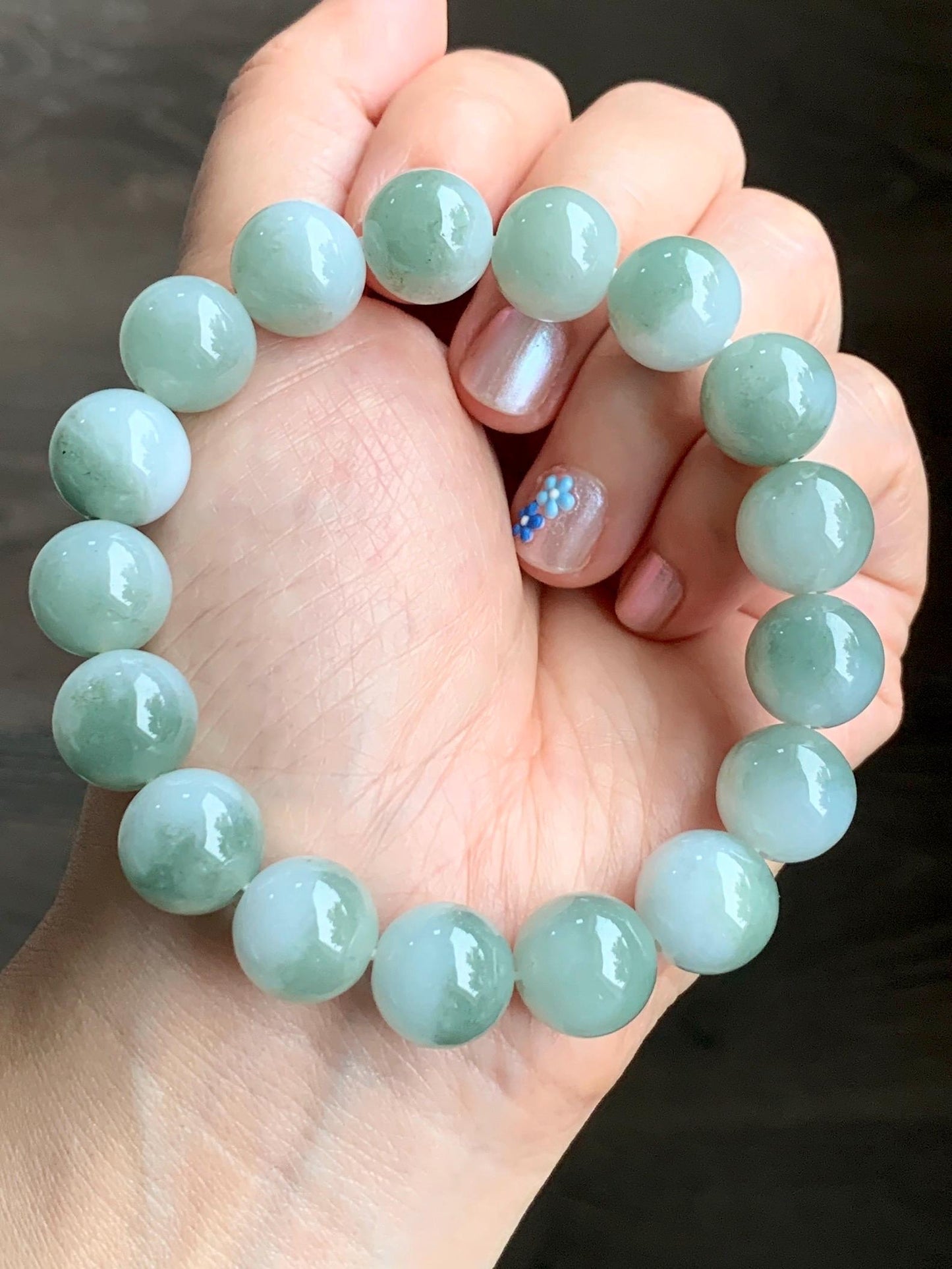 Large Natural Grade A Icy Translucent Bicolored Jadeite Round Beads Mala Beaded Bracelet Stretchy 12.8mm 8” 62g 天然冰白加淡橄榄绿鸳鸯翡翠手串 BSB300
