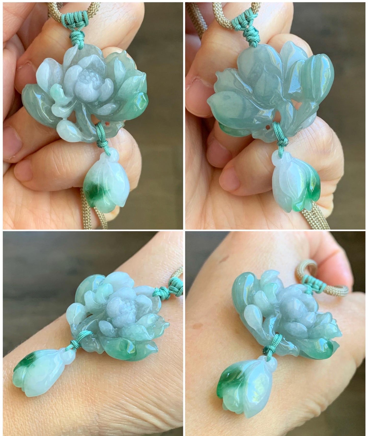 Certified Natural Grade A Icy Translucent Bicolored Jadeite Lotus Flower Pendant Rope Necklace Adjustable 26” 12.7g 天然冰晴淡紫双色翡翠莲花花苞吊坠挂件 1510