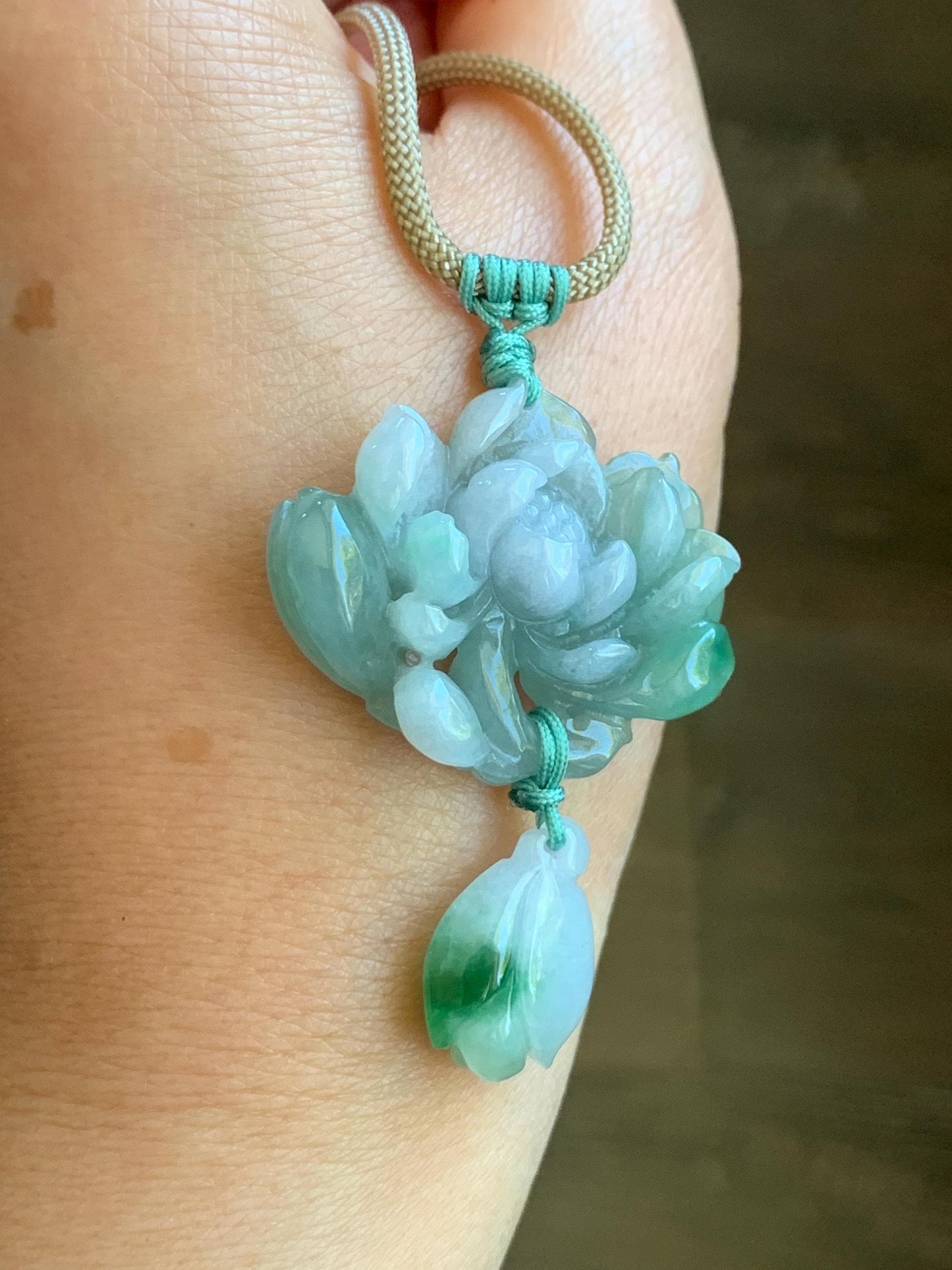 Certified Natural Grade A Icy Translucent Bicolored Jadeite Lotus Flower Pendant Rope Necklace Adjustable 26” 12.7g 天然冰晴淡紫双色翡翠莲花花苞吊坠挂件 1510