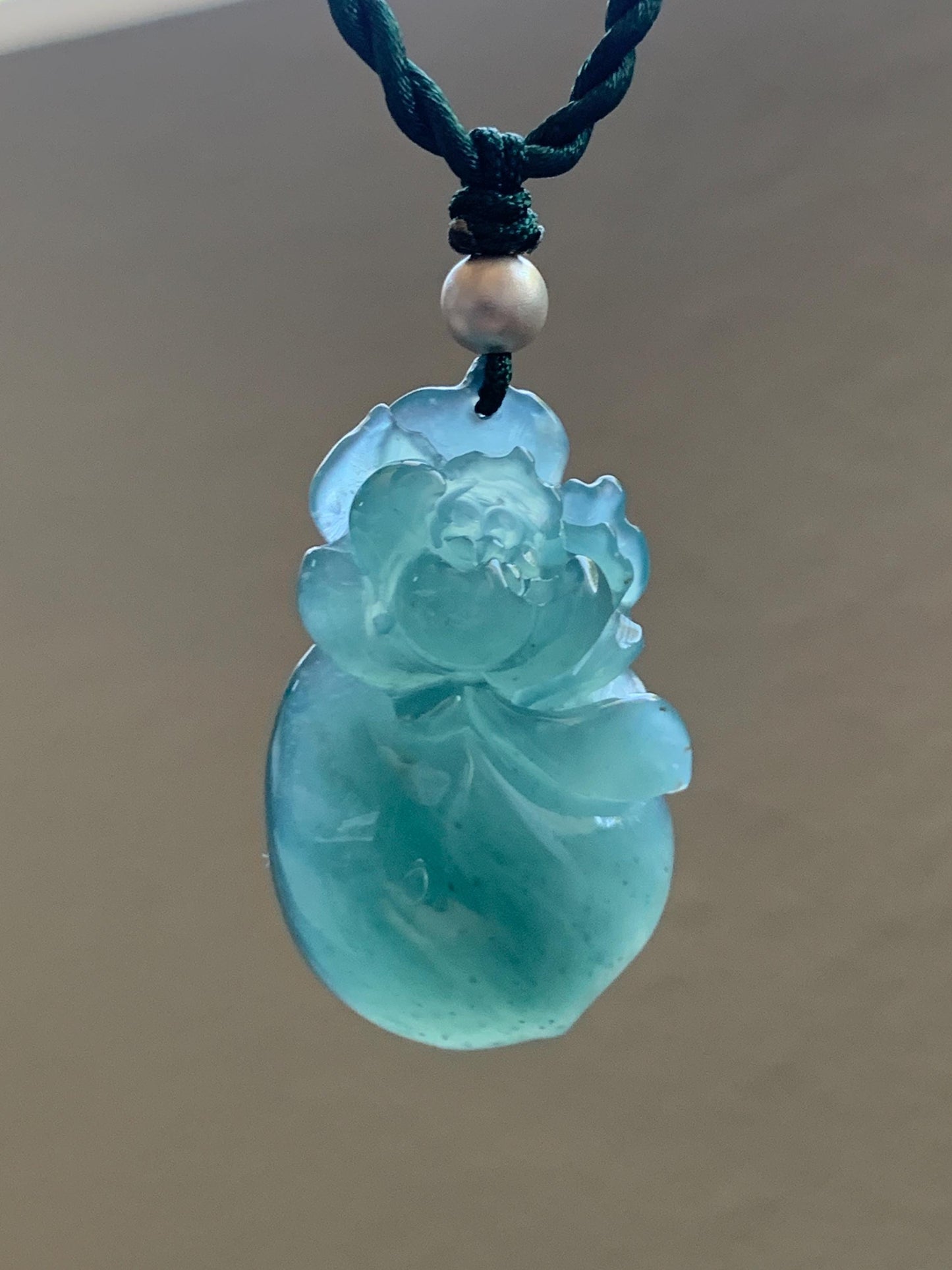Natural Guatemalan Icy Translucent Gelatinous Teal Blue Jadeite Lotus Flower Lucky Peach Pendant Rope Necklace 18” 天然冰胶危蓝绿翡翠莲花福桃吊坠 LHT180