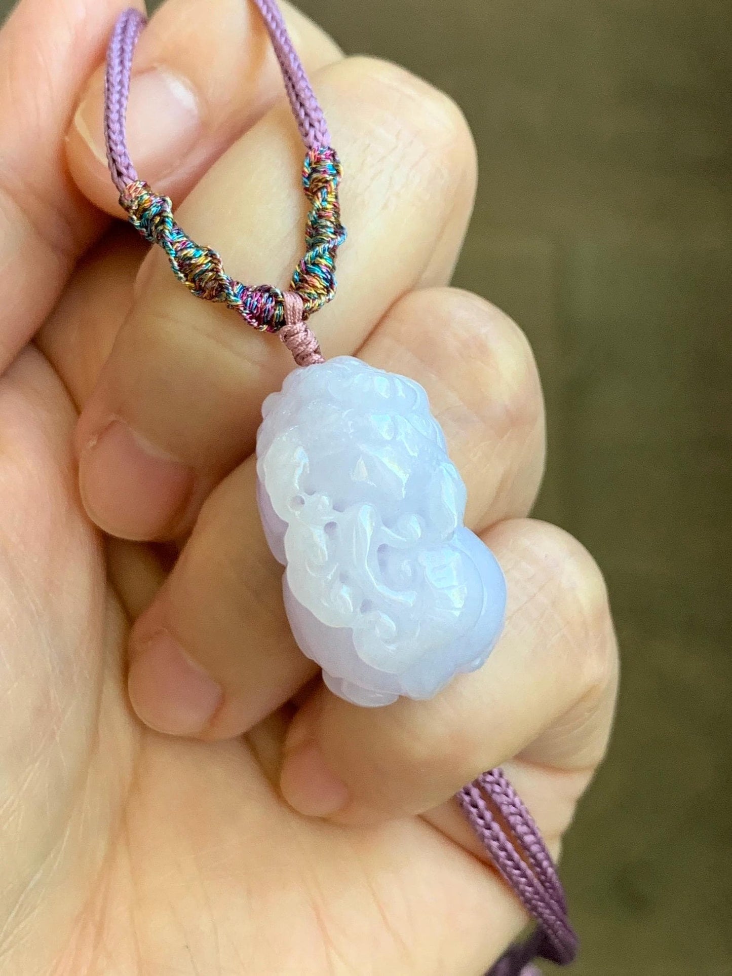 Certified Natural Grade A Icy Translucent Pastel Purple Jadeite Carved Pixiu Pendant Rope Necklace 26” Adjustable 天然糯冰淡紫翡翠含珠貔貅吊坠项链 1508