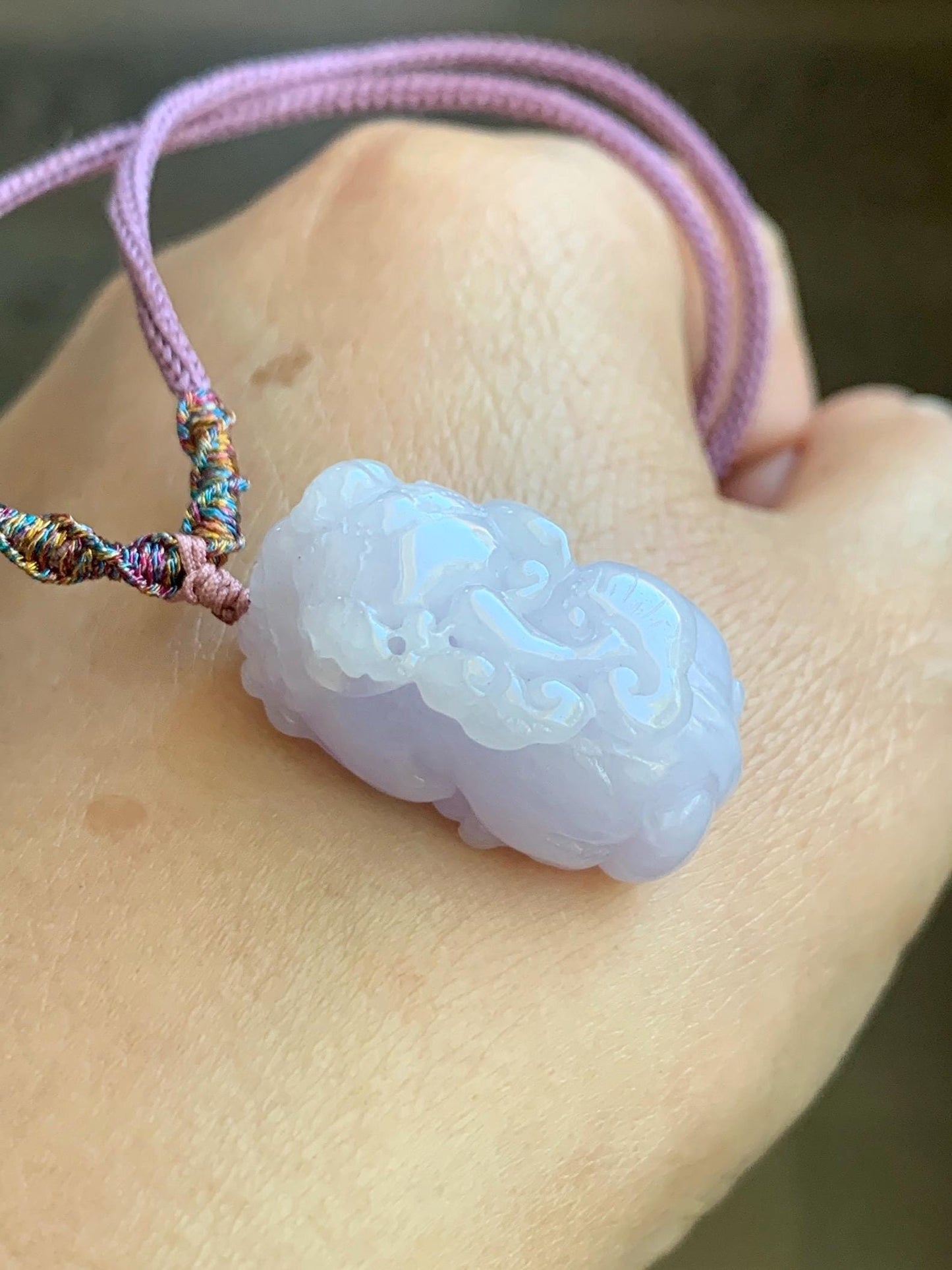 Certified Natural Grade A Icy Translucent Pastel Purple Jadeite Carved Pixiu Pendant Rope Necklace 26” Adjustable 天然糯冰淡紫翡翠含珠貔貅吊坠项链 1508