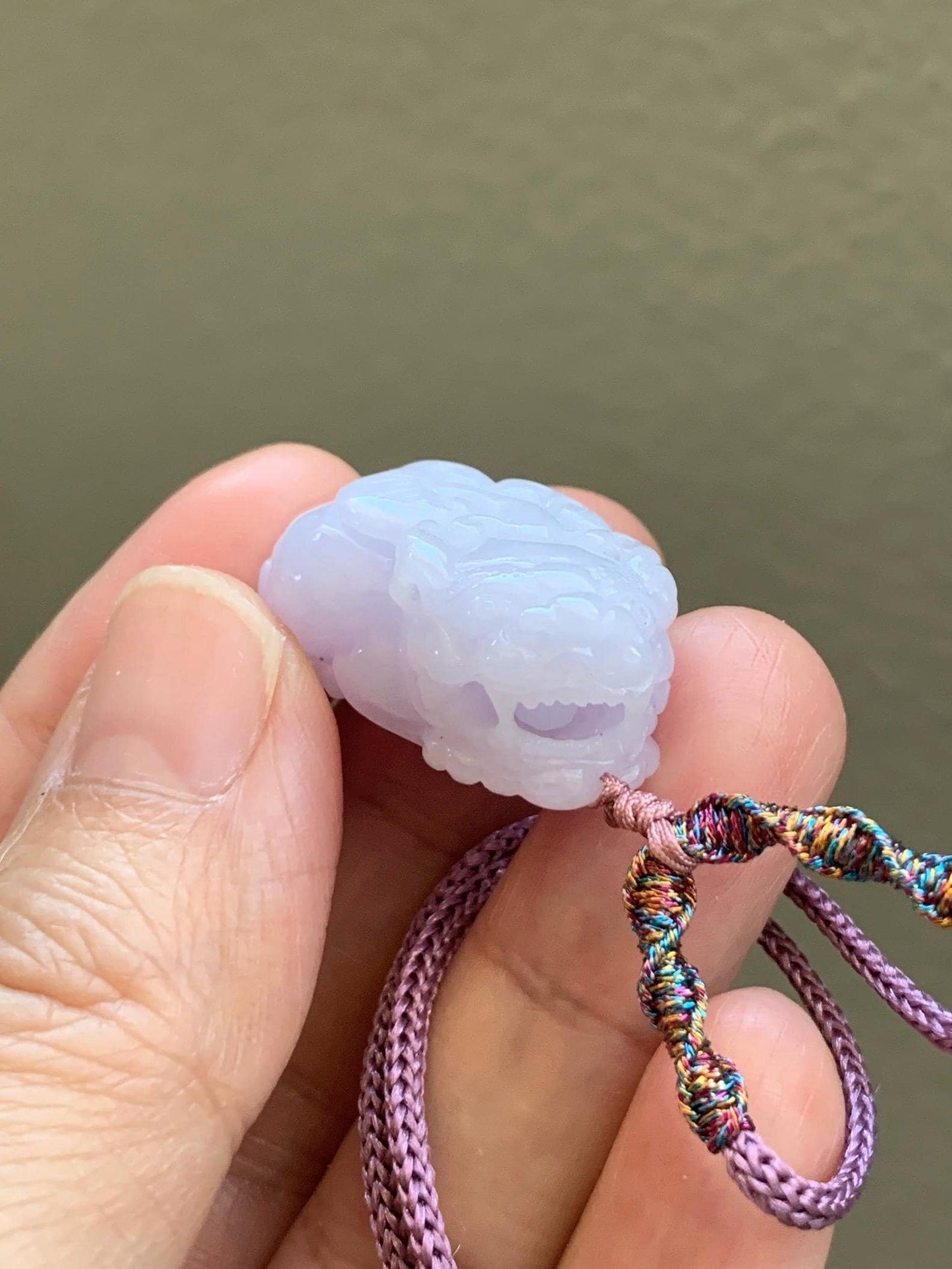 Certified Natural Grade A Icy Translucent Pastel Purple Jadeite Carved Pixiu Pendant Rope Necklace 26” Adjustable 天然糯冰淡紫翡翠含珠貔貅吊坠项链 1508