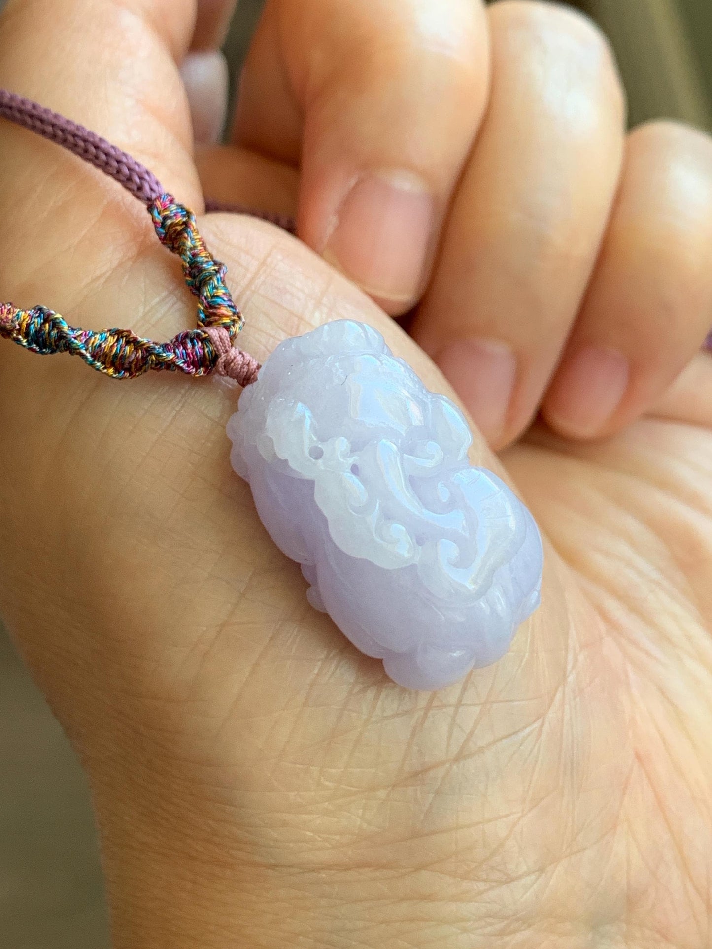 Certified Natural Grade A Icy Translucent Pastel Purple Jadeite Carved Pixiu Pendant Rope Necklace 26” Adjustable 天然糯冰淡紫翡翠含珠貔貅吊坠项链 1508