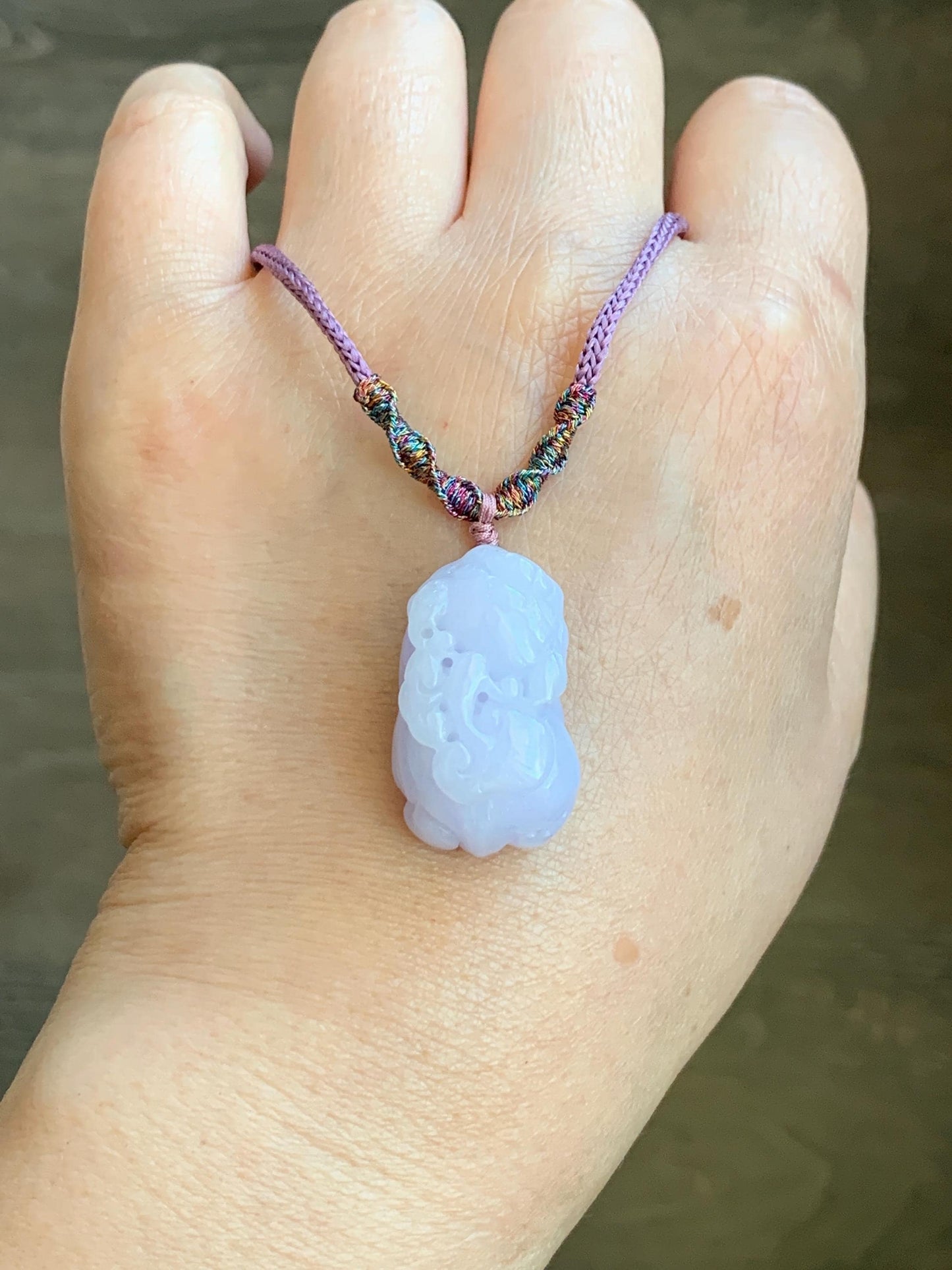 Certified Natural Grade A Icy Translucent Pastel Purple Jadeite Carved Pixiu Pendant Rope Necklace 26” Adjustable 天然糯冰淡紫翡翠含珠貔貅吊坠项链 1508