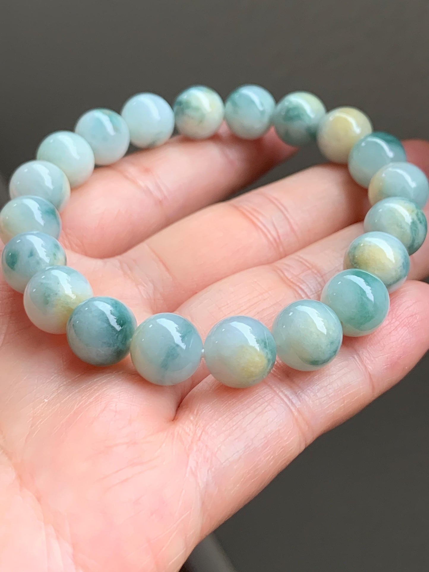 Natural Grade A Icy Translucent Teal Green & Yellow Marbled Tricolored Jade Jadeite Beaded Bracelet 10mm 7.25" 34g 天然糯冰三彩珠翡翠手串 SCZ220